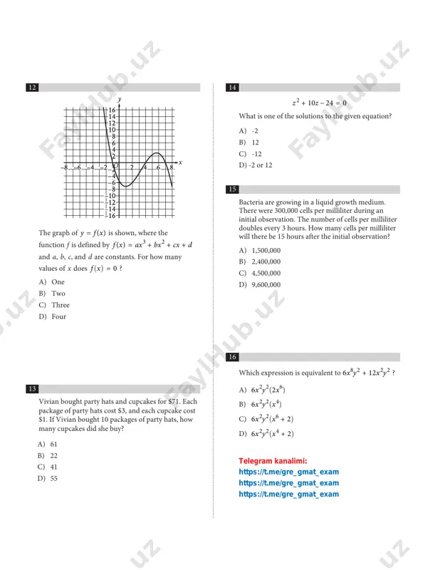 ) 6x y2 2(2x6) b) 6x y2 2(x4) c) 6x y2 2(x6 + 2) d) 6x y2 2(x4 + 2) telegram kanalimi: https://t.me/gre_gmat_exam https://t.me/gre_gmat_exam https://t.me/gre_gmat_exam 17 a neighborhood consists of a 2-hectare park and a 35-hectare residential area. the total number of trees in the neighborhood is 3,934. the equation x y2 + 35 = 3,934 represents this situation. which of the following is the best interpretation of x in this context? a) the average number of trees per hectare in the park b) the average number of trees per hectare in the residential area c) the total number of trees in the park d) the total number of trees in the residential area 18 the graph shows the relationship between the number of shares of stock from company a, x, and the number of shares of stock from company b, y, that simone can purchase. which equation could represent …