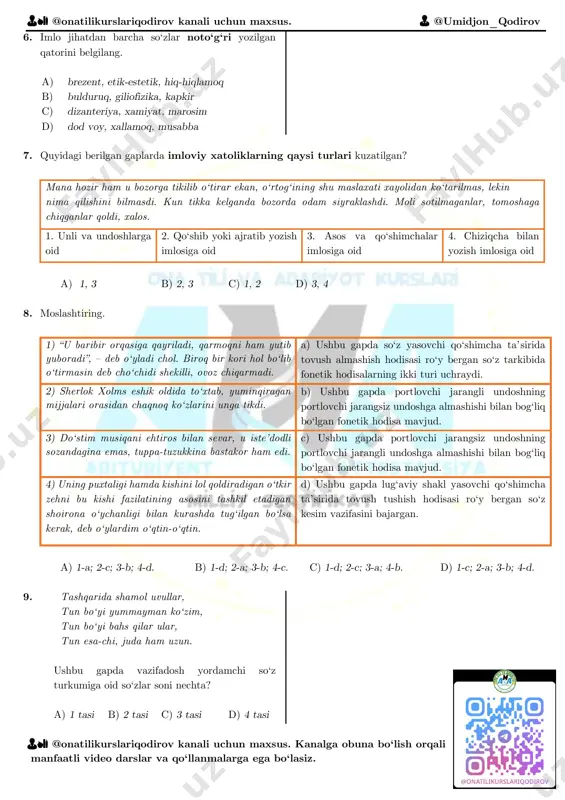 agi mazmuniy bog‘liqliklarga e’tibor qiling va qaysi qismda takroriy fikr mavjudligini aniqlang. a) iii qismda b) i qismda c) ii qismda d) iv qismda 3. matndan ajratib ko‘rsatilgan qaysi jumlada so‘z yoki qo‘shimcha qo‘llash bilan bog‘liq uslubiy xatolik mavjud? a) 1 b) 2 c) 4 d) 3 4. ushbu matn haqidagi berilgan fikr va faktlar soni to‘g‘ri ko‘rsatilgan qatorni aniqlang. 1) yer yuzidagi jami kislorodning 50% dan ortig1i dengiz fitoplanktonlari tomonidan ishlab chiqariladi. 2) dengiz ekotizimlarini saqlab qolish — insoniyatning kelajakdagi barqarorligini ta’minlashning yagona yo‘lidir. 3) marjon riflari dunyo okeani tubining atigi 1% qismini egallaydi. 4) dengizlar shunchaki cheksiz suv massasi emas, balki sayyoramizning "yuragi" va "o‘pkasi"dir. 5) okean va dengizlar sayyora yuzasining taxminan 71% qismini qoplagan. a) 3 ta fakt, 2 ta fikr b) 2 ta fakt, 3 ta fikr c) 1 ta fakt, 4 ta fikr d) 4 ta fakt, 1 ta fikr 5. matnda ifodalangan ushbu fikrlardan …