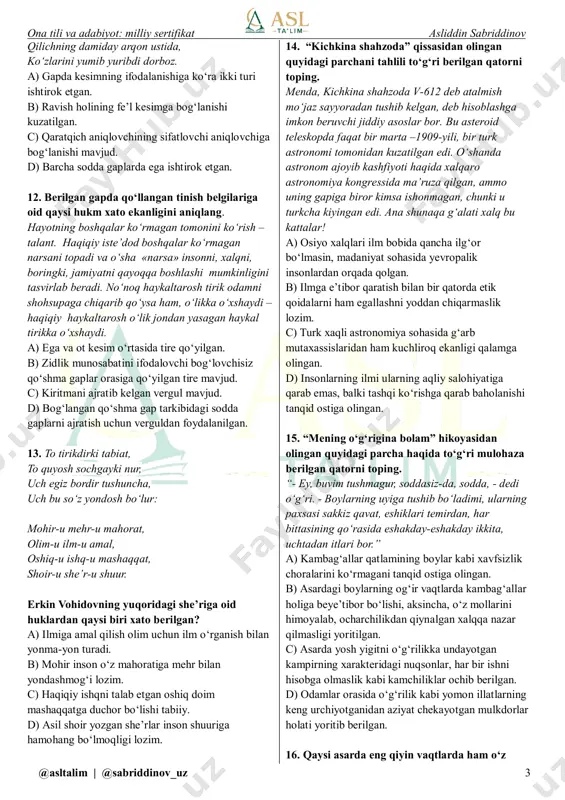 iraydi. ey hasad-go‘y insonlar, yaxshisi, besh kunlik dunyoning g‘animatligini o‘ylang, toza yurak, shirin til bilan yaxshilik qiling. 1. yasama so’z bilan ifodalangan sifatdosh 2. ko’makchi fe’lli so’z qo’shilmasi 3. qo’shma fe’l bilan ifodalangan harakat nomi 4. kompozitsion usulda yasalgan fe’l 5. fe’lning barcha vazifa shakllari ona tili va adabiyot: milliy sertifikat asliddin sabriddinov @asltalim | @sabriddinov_uz 3 qilichning damiday arqon ustida, ko‘zlarini yumib yuribdi dorboz. a) gapda kesimning ifodalanishiga ko‘ra ikki turi ishtirok etgan. b) ravish holining fe’l kesimga bog‘lanishi kuzatilgan. c) qaratqich aniqlovchining sifatlovchi aniqlovchiga bog‘lanishi mavjud. d) barcha sodda gaplarda ega ishtirok etgan. 12. berilgan gapda qo‘llangan tinish belgilariga oid qaysi hukm xato ekanligini aniqlang. hayotning boshqalar ko‘rmagan tomonini ko‘rish – talant. haqiqiy iste’dod boshqalar ko‘rmagan narsani topadi va o‘sha «narsa» insonni, xalqni, boringki, jamiyatni qayoqqa boshlashi mumkinligini tasvirlab beradi. no‘noq haykaltarosh tirik odamni shohsupaga chiqarib qo‘ysa ham, o‘likka o‘xshaydi – haqiqiy haykaltarosh o‘lik jondan yasagan haykal tirikka …