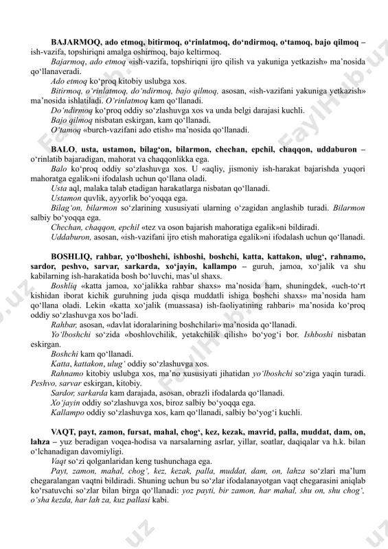 ztirob, asosan, «ruhiy azob» ma’nosida qo‘llanadi va unda belgi darajasi azob so‘zidagiga nisbatan kuchliroq. oddiy so‘zlashuvda deyarli qo‘llanmaydi. uqubat, sitam so‘zlari yakka holda juda kam ishlatiladi. uqubat so‘zi, ko‘pincha, azob so‘zi bilan, sitam so‘zi jabr so‘zi bilan juft so‘z holida qo‘llanadi. ayyor, mug‘ombir, hiylagar, quv, ustomon, makkor, dog‘uli, mo‘ltoni, qilvir(i), shayton, tulki, tullak, qirriq, xirpa, maston – aldab, chalg‘itib, har qanday ishni o‘z foydasiga hal qiladigan makr-hiylaga usta. ayyor, quv, mug‘ombir so‘zlari odamga va ayrim boshqa jonivorlarga nisbatan ham qo‘llana oladi. qolganlari esa bu ma’noda faqat odamga nisbatan qo‘llanadi: ustomon, hiylagar so‘zlarining ma’nosi uning o‘zagidan anglashilib turadi. mug‘ombir so‘zida belgi darajasi ayyor so‘zidagiga nisbatan biroz kuchsiz. quv so‘zida belgi darajasi kuchliroq. dog‘uli, mo‘ltoni, qilvir(i), makkor so‘zlarida ham belgi darajasi kuchli. lekin bu so‘zlar nisbatan kam qo‘llanadi. shayton, tulki, tullak, qirriq, xirpa so‘zlari «ish ko‘rgan ayyor» ma’nosida qo‘llanadi. maston so‘zi folklor asarlarida va ayrim shevalarda uchraydi. asil, sara, sarxil, xil, mumtoz, …