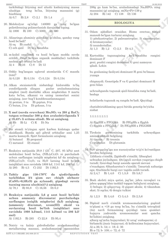 a uchraganini aniqlang. a) 0,9 b) 18 c) 6,3 d) 7,2 14. 48 g molibden x elementi bilan to’liq reaksiyaga kirishib, 32xmo birikmasini hosil qiladi. barcha 32xmo bariy bilan bax tarkibli birikma hosil qiladi. agar bax kaliy to’liq reaksiyaga kirishib 82,5 g xk2 hosil qilsa, x ning atom massasini toping?  39,96  kmo a) 32 b) 16 c) 78 d) 28 15. 24,6 g meso4•7h2o tarkibli kristallogidrat 37,4 ml suvda eritilganda eruvchanligi 24 g bo’lgan tuzning to’yingan eritmasi hosil bo’ldi. metallni toping. a) fe b) mn c) al d) mg 16. karbomid molekulasi tarkibidagi sp3 sp2va sp gibrid orbitallar sonini mos ravishda aniqlang a) 8; 6; 0 b) 12; 3; 0 c) 0; 12; 0 d) 4; 9; 0 17. organizmda qaysi element miqdori kamayganda tishlar yemirila boshlaydi? a) ca b) p c) fe d) f 18. noma’lum meoh 40%li eritmasining 240 g miqdorini to’la neytrallash uchun 1 mol/litr …
