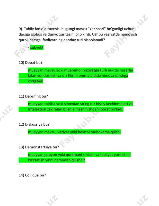 g texnik vositalarini turlari 20) timss bu - 4- va 8-sinf o‘quvchilarining tabiiy-ilmiy yo‘nalishdagi fanlardansavodxonligini baholash kalit 2ta s 2ta sinf 21) 15 yoshli o‘quvchilarning o‘qish, matematika va tabiiy yo‘nalishdagi fanlardan savodxonlik darajasini baholash. bu - pisa 22)........boshlang‘ich 4-sinf o‘quvchilarining matnni o‘qish va tushunish darajasini baholash - pirls kalit 1ta s 1sinf 22) quyida qanday darsning tuzlishi berilgan? a) tashkiliy qism; b) yangi mavzuni bayon qilish; v) o‘rganilgan materialni mustahkamlash; d) uy vazifasini berish - yangi bilimlarni bayon qilish dars 23)......... – pedagogik muloqotda o‘qituvchining e’tiborsizligini ifodalovchi uslub - pedagogik muloqotning liberal uslubi 24) pedagogik faoliyat bilan shug’ullanishga yo’l qo’yilmaydigan shaxslarni aniqlang. 1. belgilangan ro’yxat bo‘yicha kasalliklarga chalinganlar 2. sud hukmiga muvofiq pedagogik faoliyat bilan shug’ullanish taqiqlangan shaxslar. 3. sud hukmi bilan muomalaga layoqatsiz deb topilganlar 4. tarkibi va turlari o’zbekiston respublikasi qonun hujjatlarida belgilangan jinoyatlar uchunavval yoki hozir jinoiy javobgarlikka tortilganlar 25)..........- shaxsning ongida tushunchalar, umumlashmalar, ma’lum obrazlar ko‘rinishida …