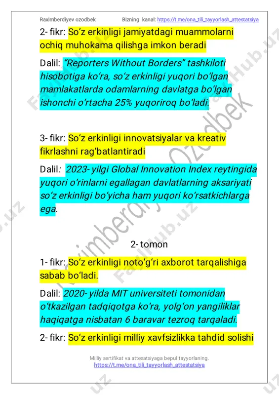 rnechakasbegalariningishtopish imkoniyatikengbo‘ladi dalil:aqshmehnatdepartamentitadqiqotlariga ko‘ra,kamidaikkisohadatajribagaegabo‘lgan ishchilarningishsizqolishehtimoli60foizga kamayadi.masalan,dasturchilikvabiznes boshqaruviniegallaganlarko‘proqishtopish raximberdiyevozodbek bizning kanal:https://t.me/ona_tili_tayyorlash_attestatsiya milliysertifikatvaattesatsiyagabepultayyorlaning. https://t.me/ona_tili_tayyorlash_attestatsiya imkoniyatigaegabo‘ladi. 2-fikr:turlikasblarinqirozpaytidaxavfsizlikni ta’minlaydi dalil:covid-19pandemiyasidavridafaqatbitta kasbgatayanibishlaganodamlarningdaromadi50 foizgapasaygan,lekinturlisohalargaegabo‘lgan insonlarboshqayo‘nalishdaishlashimkonigaega bo‘lgan.masalan,restoranegalarionlaynxizmat ko‘rsatishyokilogistikasohasigao‘tgan. 3-fikr:birnechakasbgaegabo‘lishshaxsiy rivojlanishvamoslashuvchanliknioshiradi dalil:elonmusknafaqatmuhandislik,balkibiznes vamarketingsohalaridaham tajribagaegabo‘lgani uchunspacex,teslavaboshqaloyihalarni muvaffaqiyatliboshqaraolmoqda.buesauning ko‘pkasbegasibo‘lishorqalimuvaffaqiyatga erishganiniko‘rsatadi. raximberdiyevozodbek bizning kanal:https://t.me/ona_tili_tayyorlash_attestatsiya milliysertifikatvaattesatsiyagabepultayyorlaning. https://t.me/ona_tili_tayyorlash_attestatsiya esseuchunmuhim 20mavzu 3-essevaziyati:zamonaviykitobxonlar audiokitoblarningafzalliginita’kidlashmoqda, ammoba’zilarbufikrgaqarshi. 1-tomon 1-fikr:audiokitoblarvaqtnitejaydivako‘proqkitob o‘qishimkoniniyaratadi dalil:2023-yildaaqshkitobassotsiatsiyasi tomonidano‘tkazilgantadqiqotgako‘ra,audiokitob tinglovchilarining65%kitobo‘qishgayetarlivaqt topaolmaganini,lekinaudiokitoblaryordamida yiligao‘qiydigankitoblarsonini40%gaoshirganini bildirgan.masalan,odamlarmashinahaydash, sportbilanshug‘ullanishyokiuyyumushlarini bajarishpaytidakitobtinglayoladi. 2-fikr:audiokitoblarjismoniyimkoniyati cheklanganinsonlaruchunqulay raximberdiyevozodbek bizning kanal:https://t.me/ona_tili_tayyorlash_attestatsiya milliysertifikatvaattesatsiyagabep