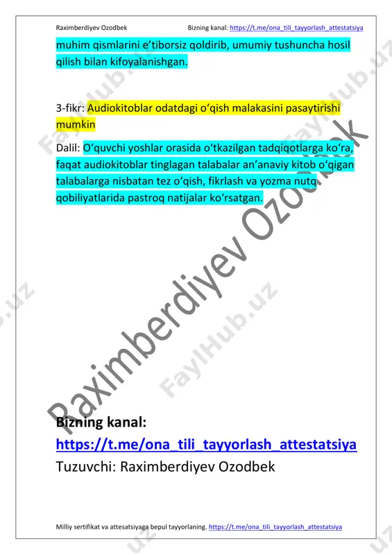 qulay va samarali vosita sifatida qaralsa-da, bu turdagi kitob o‘qish usuliga qarshi chiqqanlar ham mavjud. aslida, ushbu fikrlarning qay biri o’rinli? audio kitoblarni ma’qullovchilarning fikricha, bu turdagi kitobarning eng katta afzalligi – ularning qulayligi. bugungi zamon odamlari juda band bo‘lgani uchun, ular odatdagi kitob o‘qish uchun vaqt ajrata olmaydi. audio kitoblar esa har qanday sharoitda, masalan, sayr qilish, mashina haydash, uy ishlari bilan shug‘ullanayotgan paytda ham eshitish imkonini beradi. bu orqali vaqtni samarali o‘tkazish mumkin, ya’ni bir vaqtning o‘zida ham yangi bilim olish, ham kundalik yumushlarni bajarish mumkin bo‘ladi. shuningdek, audio kitoblar ko‘pchilik uchun yanada qiziqarli va jonliroq ko‘rinadi. ayrim kitoblar professional ovoz aktorlari tomonidan ijro etilishi natijasida, asar o‘ziga xos hissiy ohangga ega bo‘lishi va audiokontentning tinglovchi ustida kuchliroq ta’sir ko‘rsatishi mumkin. eshitish orqali asarni anglash esa ko‘pincha osonroq bo‘lib, inson miyasiga ortiqcha zo‘riqish bermaydi, bu esa bilimlarni yanada tezroq o‘zlashtirishga yordam beradi. shunga qaramay, ba’zi kitobxonlar audio kitoblarning …