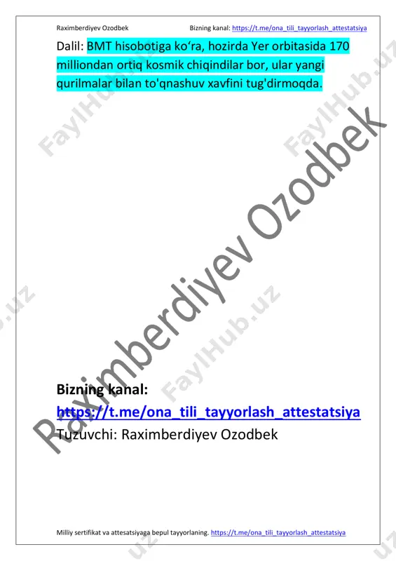 hi mumkin. ikkinchidan, kosmik chiqindilar soni oshib bormoqda, bu esa nafaqat yangi missiyalarga to‘siq bo‘ladi, balki mavjud https://t.me/ona_tili_tayyorlash_attestatsiya https://t.me/ona_tili_tayyorlash_attestatsiya raximberdiyev ozodbek bizning kanal: https://t.me/ona_tili_tayyorlash_attestatsiya milliy sertifikat va attesatsiyaga bepul tayyorlaning. https://t.me/ona_tili_tayyorlash_attestatsiya sun’iy yo‘ldoshlar faoliyatiga ham zarar yetkazishi mumkin. bundan tashqari, kosmik tadbirkorlik ortidan faqat kuchli va boy davlatlargina foyda ko‘rsa, bu tengsizlikni yanada kuchaytiradi. xulosa qilib aytganda, kosmosni zabt etish – bu insoniyat taraqqiyoti uchun katta qadam, lekin uni ongli va mas’uliyatli tarzda amalga oshirish muhimdir. ilm-fan yutuqlaridan barcha insoniyat foyda ko‘rishi kerak, raqobat emas, hamkorlik asosida. ana shunda biz kelajak avlodlar uchun ham xavfsiz, ham taraqqiy etgan dunyoni yaratishimiz mumkin bo‘ladi. esse sun’iy entellekt tomonidan yozilgan bizning kanal: https://t.me/ona_tili_tayyorlash_attestatsiya tuzuvchi: raximberdiyev ozodbek https://t.me/ona_tili_tayyorlash_attestatsiya https://t.me/ona_tili_tayyorlash_attestatsiya https://t.me/ona_tili_tayyorlash_attestatsiya