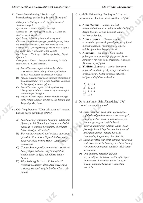 at egasi noma’lum gap ishtirok etgan. d) aniqlovchilar vositasiz to‘ldiruvchi va uyushiq kesimga tobelangan. 11. se’riy parchadan mazmunan va grammatik to‘g‘ri bog‘langan birikmalarni aniqlang. mol-u nasab bilan bo‘lolmas ulug‘, kimning tabiati bo‘lsa past, tuban. qorundek davlati bo‘lsa ham uning, it itdir zanjiri zar bo‘lgan bilan. a) tabiati tuban bo‘lsa // uning davlati b) mol bilan ulug‘ bo‘lolmas // qorundek bo‘lsa ham c) past, tuban // zanjiri zar bo‘lgani bilan itdir d) mol-u nasab // zanjiri zar bo‘lgani bilan 12. qaysi gaplarda vergul tushirilsa, gap mazmuni o‘zgaradi, lekin ishoraviy xatolik bo‘lmaydi? 1. ular kecha-kunduz el g‘amida yurgan, podshohlar sog‘ligi uchun ichishardi. 2. qizning chiroyli, serkiprik ko‘zlari go‘yo uchqun sochganday yarq etib ketdi. 3. yig‘ilishdan keyin yoniga kelib, o‘tirgan do‘stidan hol-ahvol so‘ray boshladi. 4. katta, sersoya hovlining o‘rtasidagi baland so‘rida choy ichib o‘tirishibdi. 5. bu kishi naqadar ulug‘vor, oila mustahkamligi uchun kurashadi. 6. kechasi yog‘gan oppoq, qalin qor daraxtlarni oq hoshiya bilan …