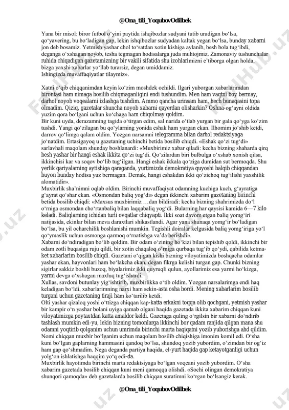 etalarimning hammasiga: «mo‘tabar gazetangizning birinchi soni chiqqan kundan buyon, zo‘r e’tibor bilan kuzatib kelyapman», degan mazmunda xat yozib yubordim. shulardan bittasidan javob kelib qoldi. bu gazeta yangi tashkil qilinganligi uchun muxbirlarga muhtoj ekan. bizga muxbirlikka rozi bo‘lsangiz, bir dona suratingizni yuboring, deyishibdi. darhol rasmimni jo‘natdim. muxbirlik vasiqasi ham qo‘lga tegdi. do‘kondorlikni vaqtincha tark etib, muxbirlikka sho‘ng‘ib ketdim. muxbirlikni bir xotin qizil yarim oy jamiyatiga ellik ming lira hadya qilganini yozib yuborishdan boshladim. xabar gazetada chiqmadi. keyin bo‘lib o‘tgan futbol o‘yinlarini xabar qildim. unisiniyam berishmadi. jinoiy ishlardan yozdim, yo‘llar remont qilinganini bildirdim. anqaradan kattalar kelgani haqida xabar qildim — biror natija yo‘q. yozganlarimni goh telefonda beraman, goh telegramma qilaman yoki xat orqali jo‘natib turibman. bu yog‘ini so‘rasangiz, odamlarga! «bizning narsani ertaga gazetada o‘qiysiz», deb qo‘yaman-da, chiqmaganidan keyin rosa sharmanda bo‘laman. qolaversa, ta’nalar ham ko‘payib ketdi: — hamidbey tomini bo‘yatibdi, darrov gazetaga xabar qil! — bakir afandining eshagi yo‘qolibdi, yozib chiq buni! …