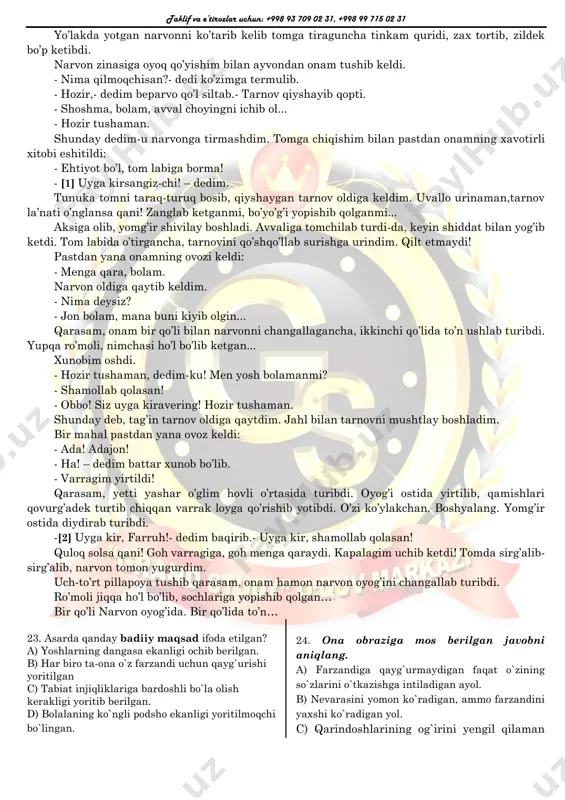 yat quyosh energiyasini ishlab chiqarishni istasa, har soniyada 100 milliard tonna dinamit portlatib turishi lozim va bunga aql bovar qilmaydi. 18. matn mazmuniga mos to‘g‘ri shakllantirilgan gapni aniqlang. a) quyosh tizimidagi barcha sayyoralar quyoshning massasining 99 foizini tashkil etadi. b) oyning yorqinligi quyoshga qaraganda to'rt yuz ming marta ko'proqdir. c) quyoshning tarkibiy faqat qismi uglerod va azot gazlaridir. d) quyosh issiqlik va nur orqali yerda hayot uchun zarur bo'lgan energiyani yetkazib beradi. 19. raqamlab ko‘rsatilgan qaysi gap matnning mazmuniy tuzilishida uslubiy xatolikni yuzaga keltirgan? a) i b) ii c) iii d) iv 20. matn mazmunida aks etgan to’g’ri ma’lumotni aniqlang. a) quyosh 5 mlrd yildan so`ng batamom yo`q bo`ladi. b) quyosh taxminlarga ko`ra o`z umrining yarmidan ko`pini yashab bo`lgan c) quyosh va oyning yoshini teng deb qarasak bo`ladi. d) borgan sari quyoshning nuri kamayib bormoqda. 21. matn mazmuniga mos noto’g’ri ifodalangan ma’lumotni aniqlang. a) quyosh 70% vodorod va 28% geliydan …