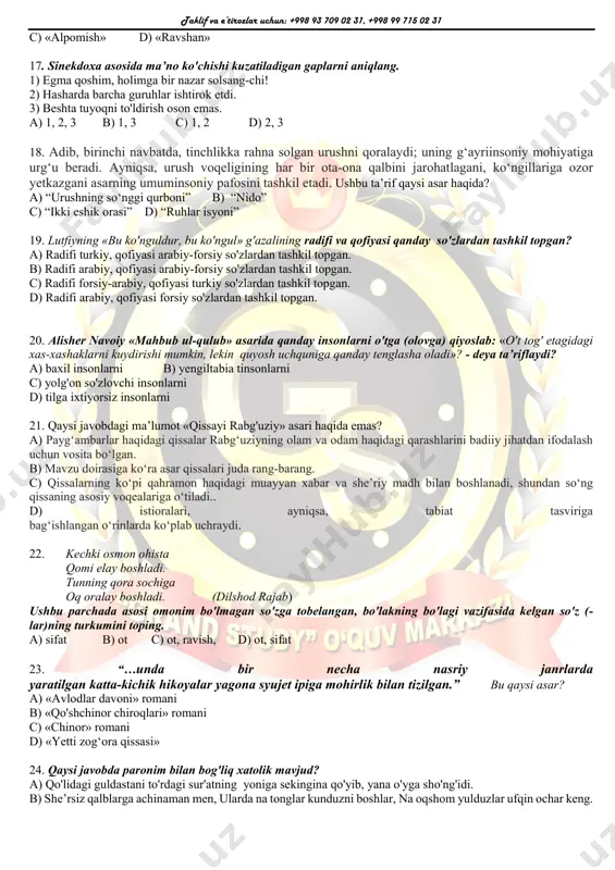 an qaralmishlar qatnashgan? a) insoniyat tarixi har birimizga bog'liq bo'lgan, bizning olis shajaramizni, nasl-nasabimizni ko'rsatadigan muqaddas va mo'tabar voqelikdir. b) ochsang davronlarning kitoblarni, qancha karvonlarning ertagi bordir. c) har bir kishining so'zi o'z fazilatlarning dalili va o'z aqlining tarjimonidir. d) yurtimiz o'g'il-qizlarining xalqaro tadbirlarda ishtirok etishi odatiy holga aylanmoqda. 13. barcha odamlar fidokorona ishlardilar, ularning ba’zilari bir me’yorda borib kelardi, ba’zilari esa haqiqiy ishga berilib ketardilar. ushbu gapdagi tobe bog'lanishlar soni va turini aniqlang. a) 8 ta tobe bog'lanish: 3 ta bitishuv, 2 ta boshqaruv, 3 ta moslashuv b) 9 ta tobe bog'lanish: 4 ta bitishuv, 1 ta boshqaruv, 4 ta moslashuv c) 9 ta tobe bog'lanish: 4 ta bitishuv, 2 ta boshqaruv, 3 ta moslashuv d) 7 ta tobe bog'lanish: 3 ta bitishuv,2 ta boshqaruv, 2 ta moslashuv 14. to'gri yozilgan so'zlar qatorini belgilang. a) kilovat, ocherk, menejment b) shikast, ehtiyoj, xunarmand c) trist, metal, ilhom d) kioska, rejissor, …