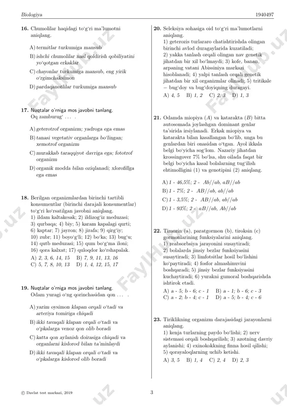 ) a - 3, 4; b - 5, 6 c) a - 2, 4; b - 1, 6 d) a - 2, 5; b - 1, 3 10. laqqa (a) va qora jusan (b) jinsiy hujayralarining rivojlanish jarayoniga xos bo‘lgan ta’riflar to‘g‘ri ko‘rsatilgan javobni aniqlang. 1) boshlang‘ich (birlamchi) jinsiy hujayralar mitoz usulida bo‘linadi; 2) boshlang‘ich (birlamchi) jinsiy hujayralar meyoz usulida bo‘linadi; 3) mitozdan so‘ng gaploid to‘plamga ega hujayralar hosil bo‘ladi; 4) meyoz bo‘linishdan so‘ng mitoz bo‘linish kuzatiladi; 5) meyoz ii bosqichidan so‘ng boshqa bo‘linish kuzatilmaydi; 6) mitozdan so‘ng diploid to‘plamga ega hujayralar hosil bo‘ladi, a) a - 2, 4, 3; b - 1, 6, 5 b) a - 1, 3, 5; b - 2, 4, 6 c) a - 1, 6, 5; b - 2, 4, 3 d) a - 2, 4, 6; b - 1, 3, 5 11. ossillatoriya hujayrasida sodir bo‘ladigan jarayonlarni aniqlang. 1) mitoxondriyada atf sintezi; 2) …