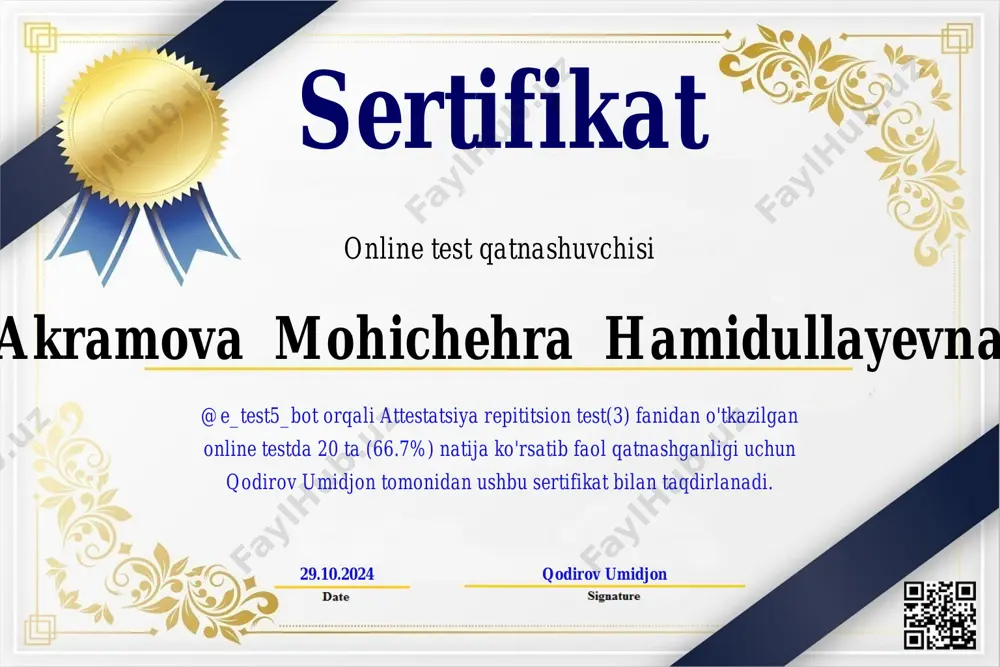 tomonidan ushbu sertifikat bilan taqdirlanadi. 29.10.2024 qodirov umidjon sertifikat online test qatnashuvchisi nazarova malika @e_test5_bot orqali attestatsiya repititsion test(3) fanidan o'tkazilgan online testda 14 ta (46.7%) natija ko'rsatib faol qatnashganligi uchun qodirov umidjon tomonidan ushbu sertifikat bilan taqdirlanadi. 29.10.2024 qodirov umidjon sertifikat online test qatnashuvchisi abdurasulova gulrux xolmirzayevna @e_test5_bot orqali attestatsiya repititsion test(3) fanidan o'tkazilgan online testda 13 ta (43.3%) natija ko'rsatib faol qatnashganligi uchun qodirov umidjon tomonidan ushbu sertifikat bilan taqdirlanadi. 29.10.2024 qodirov umidjon sertifikat online test qatnashuvchisi mardiyeva gulshoda @e_test5_bot orqali attestatsiya repititsion test(3) fanidan o'tkazilgan online testda 13 ta (43.3%) natija ko'rsatib faol qatnashganligi uchun qodirov umidjon tomonidan ushbu sertifikat bilan taqdirlanadi. 29.10.2024 qodirov umidjon sertifikat online test qatnashuvchisi alimova matluba @e_test5_bot orqali attestatsiya repititsion test(3) fanidan o'tkazilgan online testda 11 ta (36.7%) natija ko'rsatib faol qatnashganligi uchun qodirov umidjon tomonidan ushbu sertifikat bilan taqdirlanadi. 29.10.2024 qodirov umidjon