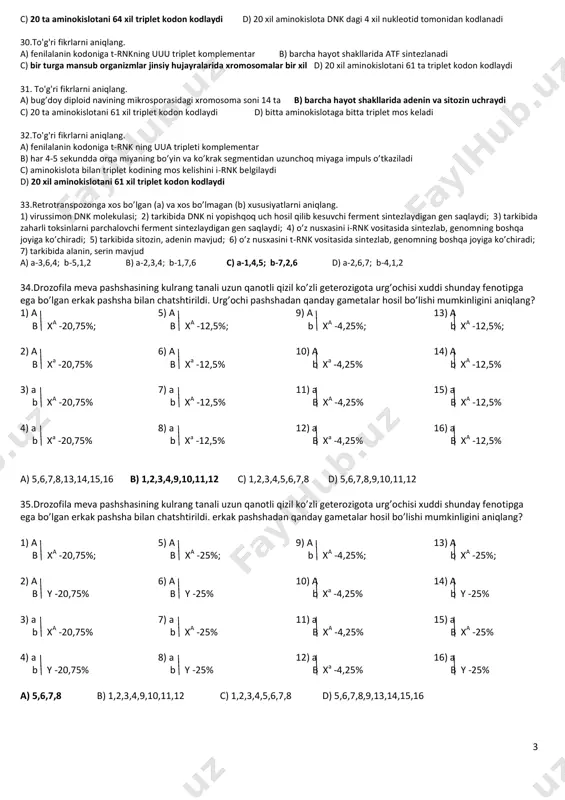 erlardan ajralgan energiya miqdorini kj da aniqlang? a) 9856 b) 12968 c) 11208 d) 4872 20.botir bir kecha-kunduzgi ovqati tarkibida 100 g oqsil, 80 g yog’, 460 g uglevod va 10 g tuz is’temol qildi. ovqat tarkibidagi biomolekulalardan ajralgan energiya miqdorini kj da aniqlang? a) 9856 b) 12968 c) 11208 d) 4872 21.polisaxarid po’stga ega bo’lgan zaharli o’rganizmlarni belgilang. 1) achchiq bodom; 2) belyanka; 3) aspid; 4) tikandum; 5) baliqko’z; 6) bangidevona; 7) gazanda; 8) gulmoy; 9) chayon a) 1,3,6 b) 3,4,9 c) 2,4,8 d) 1,6,7 22.polisaxarid po’stga ega bo’lmagan zaharli o’rganizmlarni belgilang. 1) achchiq bodom; 2) belyanka; 3) aspid; 4) korall polip; 5) baliqko’z; 6) bangidevona; 7) gazanda; 8) gulmoy; 9) chayon a) 1,3,6 b) 3,4,9 c) 2,4,8 d) 1,6,7 23.tovuqlarda erta pat hosil qilish va chipor rang kech pat hosil qilish va qora rangga nisbatan dominantlik qiladi. bu belgilarni ifodalovchi noallel genlar autosomada birikkan holda irsiylanadi. digeterozigota organizmlar …