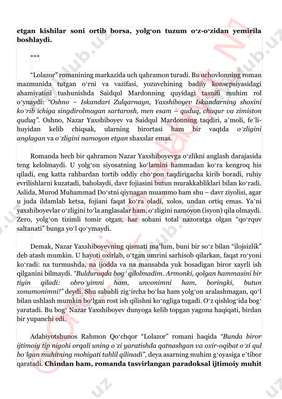 ʻonchi ishtirokchi” boʻlishni talab qiladi. bizningcha, ayni shu omil murod muhammad doʻstning inson konsepsiyasini tushunishda muhim ochqich vazifasini oʻtaydi. murod muhammad doʻstning inson konsepsiyasiga shaxsning oʻzini anglash va oʻzini namoyon etish ehtiyoji nuqtai nazaridan qarash toʻgʻri boʻladi. lekin total siyosat va yolgʻonlar asosiga qurilgan jamiyatda oʻzlikni anglash nimani bildiradi? uning mazmun-mohiyati asli nimada? ayni sharoitda oʻzlikni namoyon etishning imkoni bormi? biz mazkur savollarga ham javobni soljenitsinning essesidan topamiz: “shu vaziyatda bizning erkimizni taʼminlashi mumkin boʻlgan eng oddiy, eng kamtarona va imkonli vosita: yolgʻonda shaxsan ishtirok etmaslik! mayli, yolgʻon hamma narsani qamrab, egallab olsin, lekin siz eng kichik imkon bilan ayting: mayli, egallab olsin, faqat men orqali emas!” essedan shunday xulosa chiqadiki, soljenitsin uchun sobiq ittifoq muhitida oʻzlikni anglash shu tuzumning yolgʻon ekanini anglash bilan barobar. bu kabi oʻzlikni anglash mavjud sharoitda shaxs imkoni doirasidagi juda joʻn, ayni damda kurashning samarali, yolgʻon tuzum uchun esa halokatli qurolidir. jamiyatda yolgʻonda yashamaslikni ixtiyor …
