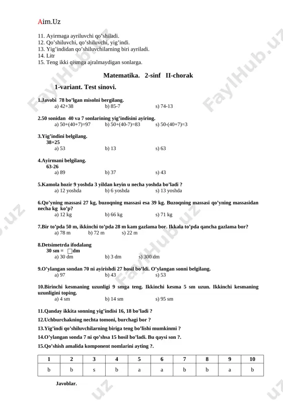 2-sinf matematika fanidan test va nazorat ishlari - Page 3