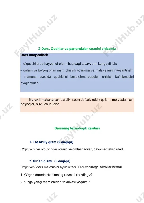 va o‘quvchilar o‘zaro salomlashadilar, davomat tekshiriladi. 2. kirish qismi (5 daqiqa) o‘qituvchi kichik o‘yin o‘tkazadi: kim bahorgi qushlarning nomlarini ko‘proq biladi. kim ko‘proq qush nomini aytsa, o‘sha g‘olib bo‘ladi. shundan so‘ng o‘qituvchi dars mavzusini e’lon qiladi. 3. amaliy ish (25 daqiqa) o‘quvchilar o‘qituvchi bilan birgalikda darslikning 52–53-sahifalarida qush tasvirini qalam va bo‘yoqlar yordamida chizishning 12 bosqichini o‘rganadilar, shuningdek, 53-sahifadagi qr-kod orqali mavjud videoni tomosha qiladilar.shundan so‘ng o‘quvchilar rasm daftarida rasm chizishga kirishadilar. o‘qituvchi esa zaruratga qarab yordam ko‘rsatadi. 4. darsni yakunlash. refleksiya (5 daqiqa) o‘quvchilar o‘z ishlarini namoyish qiladilar va taassurotlari bilan o‘rtoqlashadilar. kichik o‘yin g‘olibi savollar beradi: 1. siz bugun nima chizdingiz? 2. bugungi topshiriqda sizga nima yoqdi? 3. uni bajarishda nima xalaqit berdi? o‘quvchilar o‘z yutuqlarini baholaydilar: agar hammasi a’lo bo‘lsa, ishlarini boshlaridan baland ko‘taradilar, agar nimadir o‘xshamagan bo‘lsa, ishlarini oldilarida ushlab turadilar. kutilayotgan natijalar: – o‘quvchilar tasviriy san’at texnika va usullarining xilma-xilligini anglaydilar; – qalam va bo‘yoqlar …