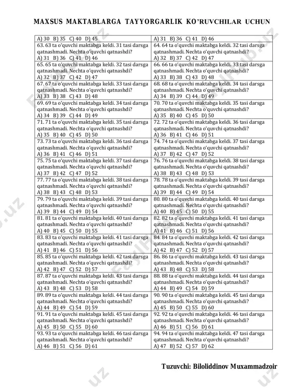 bga keldi. 17 tasi darsga qatnashmadi. nechta o‘quvchi qatnashdi? a) 17 b) 22 c) 27 d) 32 35. 35 ta o‘quvchi maktabga keldi. 17 tasi darsga qatnashmadi. nechta o‘quvchi qatnashdi? a) 17 b) 22 c) 27 d) 32 36. 36 ta o‘quvchi maktabga keldi. 18 tasi darsga qatnashmadi. nechta o‘quvchi qatnashdi? a) 18 b) 23 c) 28 d) 33 37. 37 ta o‘quvchi maktabga keldi. 18 tasi darsga qatnashmadi. nechta o‘quvchi qatnashdi? a) 18 b) 23 c) 28 d) 33 38. 38 ta o‘quvchi maktabga keldi. 19 tasi darsga qatnashmadi. nechta o‘quvchi qatnashdi? a) 19 b) 24 c) 29 d) 34 39. 39 ta o‘quvchi maktabga keldi. 19 tasi darsga qatnashmadi. nechta o‘quvchi qatnashdi? a) 19 b) 24 c) 29 d) 34 40. 40 ta o‘quvchi maktabga keldi. 20 tasi darsga qatnashmadi. nechta o‘quvchi qatnashdi? a) 20 b) 25 c) 30 d) 35 41. 41 ta o‘quvchi maktabga keldi. 20 …