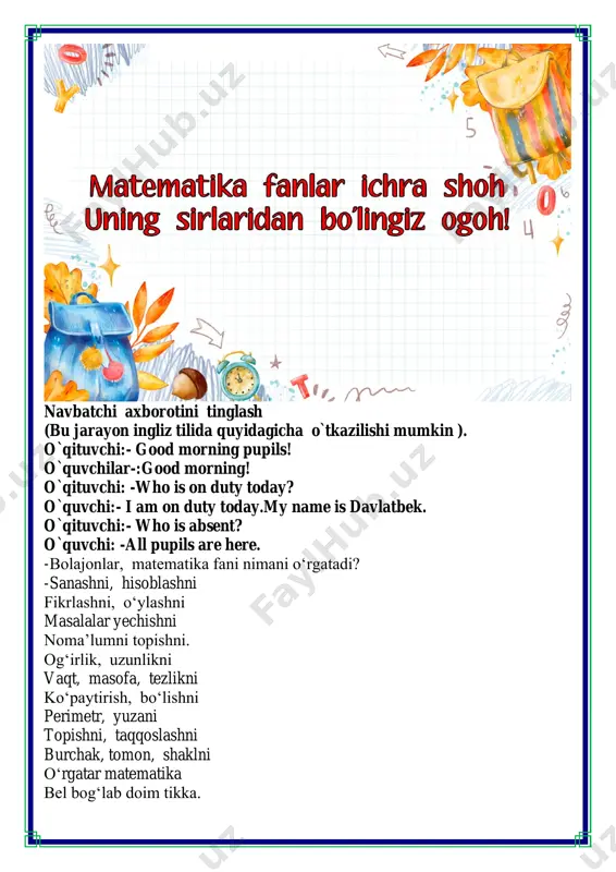 ilarning uchdan biri matematik fokuslar tayyorlagan. necha nafar o'quvchi matematik fokus tayyorlagan? 36 : 3=12 ta d) o'quvchilarning chorak qismi tanga bilan fokus ko'rsata oladi. necha nafar o'quvchi tanga bilan fokus ko'rsata oladi? 36 : 4= 9 ta e) o'quvchilarning to'qqizdan bir qismi arqon bilan fokus ko'rsata oladi. necha nafar o'quvchi arqon bilan fokus ko’rsata oladi? 36 : 9=4 ta 5. sirkdagi tomosha 12:30 da boshlanib, 2 soat 20 minut davom etdi. tomosha soat nechada tugagan? 12 : 30 + 2h 20 min=14 : 50 da tugagan 6. matematik fokusning sirini toping. a) istalgan sonni o'ylang. b) bu sonni 3 ga ko'paytiring. d) ko'paytmaga 12 ni qo'shing. e) yig'indini 3 ga bo'ling. f) bo'linmadan o'ylagan soningizni ayiring. g) natija 4 chiqdi. 7. geometrik fokus: daftar varag'ini bitta odam sig'adigan qilib qirqa olasizmi? 8. ifodalarni solishtiring. 732 : 6 > 372 : 6 726 + 139 = 139 + 726 665 …