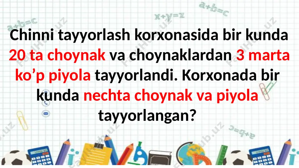 r va 25 tup olma ko’chatini butadi. anor va olma ko’chatlari nechta bo’lsa, ulardan 15 tup kam shaftoli ko’chatini butadi. bog’bon necha tup shaftoli ko’chatini butagan? traktor 3 soat ishlatilganida 45 litr yonilg’i sarfladi. traktor shunday maromda ishlasa 5 soatda necha litr yonilg’i sarflaydi? qutida 70 dona tuxum bor edi. tushlikka 16 dona, kechki ovqatga 12 dona tuxum ishlatildi. qutida necha dona tuxum qoldi? bir o’ramda 56 m , ikkinchi o’ramda 40 m sim bor. uchinchisida esa birinchi va ikkinchi o’ramda qancha bo’lsa, shundan 4 m kam. uchinchi o’ramda necha metr sim bor? o’quvchilar bir qatorga 40 tup, ikkinchisiga birinchisidan 4 tup kam,uchinchisiga esa ikkinchisidan 10 tup ortiq qulupnay ko’chati ekishdi.ular uchinchi qatorga necha tup qulupnay ekishgan? kutubxonaning bir tokchasida 53 ta kitob, ikkinchi tokchasida 40 ta kitob bor edi. 20 ta kitob o’quvchilarga berildi. tokchada nechta kitob qoldi? stol ustida 52 ta daftar bor edi. ulardan 14 tasi olindi. …