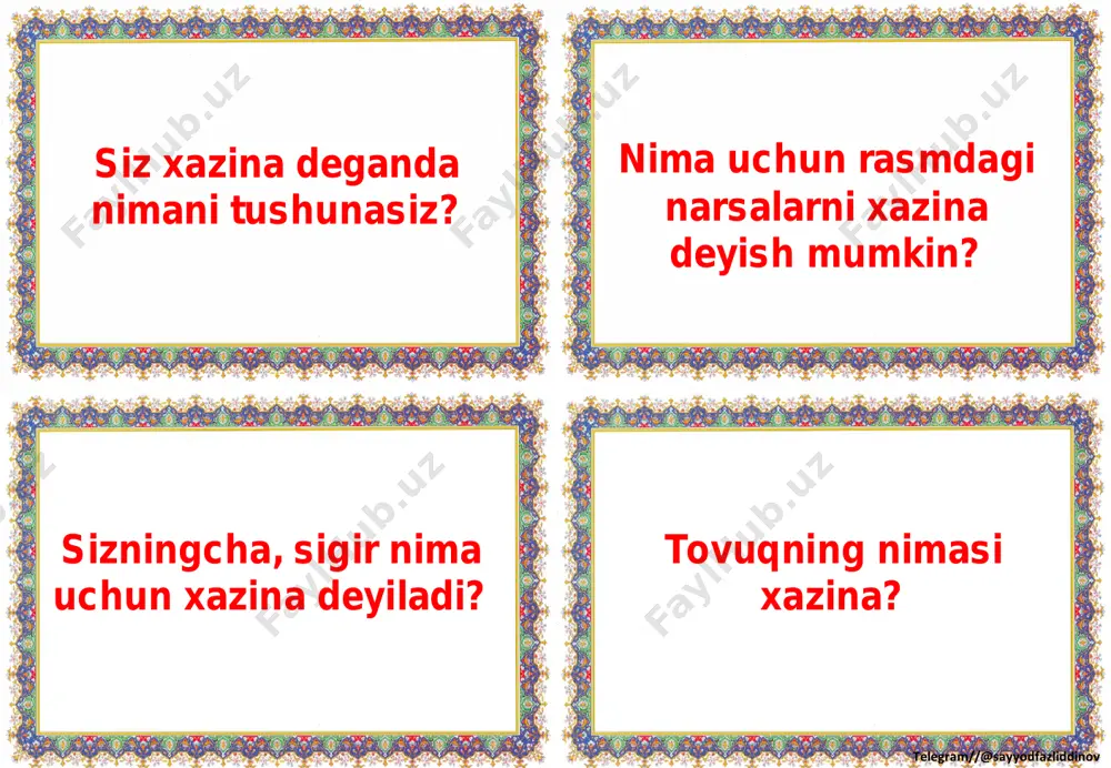 n osmonni kuzatish osonroq? ayting-chi, abu nasr qanday olim edi? bunday olimlar nimani o`rganadi? asarda bolaning tashqi ko'rinishi qanday tasvirlangan? bolaning tashqi ko'rinishiga. kiyimiga qarab nimalarni aniqlash mumkin? telegram//@sayyodfazliddinov bola nimalarga qiziqar edi? usturlob bilan nimalarni kuzatish, o'rganish mumkin? abu nasr nega bolaning ismini, ota-onasini surishtirdi? telegram//@sayyodfazliddinov nega she'rda tungi osmon ajib bo'ston ga o'xshatilgan? she'rdagi "yetti og'ayni botir" nima bo'lishi mumkin? qahramonning xayolida mirzo ulug'bek unga qarab nimadeydi? mirzo ulug'bek nimalar qilgan ekan? telegram//@sayyodfazliddinov ayting-chi, "suv qilib ichgandilar" deganda nima nazarda tutilgan? she'r so'ngida yulduz nimaga o'xshatilyapti? nima uchun? nima deb o'ylaysiz, mikroskop ixtiro qilinmaganda hozir ilm- fan qanday holatda bo'lar edi? mikroskopni kim, qachon ixtiro qilgan? telegram//@sayyodfazliddinov nima deb o'ylaysiz, mikroskopni nega aynan ko'zoynak ustasi ixtiro qilgan? ayting-chi, mikroskop ixtiro qilinganidan keyin undan qaysi fan olimlari foydalanishdi? elektron mikroskopning oddiy mikroskopdan farqi nimada edi? ayting-chi, qahramonga mitti bo'lish nega yoqib qolgan bo'lishi mumkin? telegram//@sayyodfazliddinov asar qahramoni aytayotgan "dunyodagi …