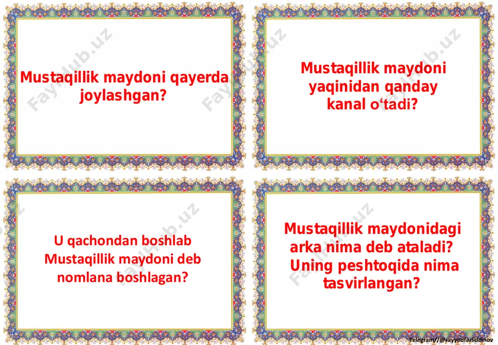 otaxon nega bosh chayqadi, qaysarlik qildi? bosh chayqash qanday bo‘ladi? ko‘rsatib bera olasizmi? she’rda qaysi holatga “go‘zal edi, nafosatga boy edi” deb ta’rif berilgan? nega go‘zal? nega nafosatga boy? ayrim xalqlarda jamoat transportida o‘zidan kattalarga joy berish an’anasi yo‘q ekan. siz bunga qanday qaraysiz? balki, bu to‘g‘ridir? telegram//@sayyodfazliddinov ilk tramvay nimaga o‘xshardi? u qanday harakatlanar edi? sizningcha, jamoat transportigacha odamlar manziliga qanday yetib olgan? dastlab avtobuslarning soni nechta edi? hozir qanday? toshkent metropoliteni qaysi jihatdan birinchi o‘rinda? telegram//@sayyodfazliddinov xaritaga qarab ayting-chi, o‘zbekiston qaysi davlatlar bilan qo‘shni ekan? siz qaysi hududda yashaysiz? xaritadan topib ko‘rsating. yurtimizda qanday tog‘ tizmalari bor ekan? telegram//@sayyodfazliddinov sahrolarning nomini ayting qurib borayotgan orol dengizi haqida nimalar ayta olasiz? yurtimizda yashaydigan hayvonlar va qushlar haqida nimalarni bilib oldingiz? avstraliya, afrika va xitoyning noyob hayvonlari qaysilar? telegram//@sayyodfazliddinov nega xongulni o‘zbekistonning eng noyob hayvoni deb bilamiz? nega bug‘uning bu turiga “xongul” deb nom berilgan? bug‘ularning qirilib ketishiga nima sabab …