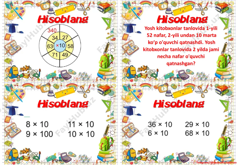 lang hisoblanghisoblang telegram//@sayyodfazliddinov hisoblang hisoblang hisoblanghisoblang telegram//@sayyodfazliddinov futbol musobaqasida har bir yutuq 3 ochko, durang 1 ochko, maglubiyat 0 ochko olib keladi. jamoada 16 ta yutuq, 18 ta durang, 8 ta mag'lubiyat bo‘lsa, jamg'arilgan ochkolari soni qancha? hisoblang hisoblang hisoblanghisoblang telegram//@sayyodfazliddinov avtoturargoh 3 qavatli bo'lib, birinchi qavatga 243 ta mashina sig'adi. keyingi qavatlarga esa o ' z i d a n oldingi qavatdan 3 marta kam avtomobil sig'adi. har bir qavatda 12 tadan joy nogironligi bo'lgan haydovchilar uchun ajratilgan bo'lsa, avtoturargoh jami nechta mashinani sig'dira oladi? nogironligi bo'lgan haydovchilar uchun nechta joy ajratilgan? hisoblang hisoblang hisoblanghisoblang telegram//@sayyodfazliddinov hisoblang hisoblang hisoblanghisoblang telegram//@sayyodfazliddinov har kuni samarqanddan toshkentga 3 ta reysda samolyot par voz qi ladi . har bir samolyot 293 nafar yo' lovchi s ig ' imiga ega. agar har bir reysda o'r indiqlar band bo' lsa, ushbu reyslarda 1 kunda qancha yo' lovchi parvoz qi ladi? hisoblang hisoblang hisoblanghisoblang telegram//@sayyodfazliddinov sinfda …