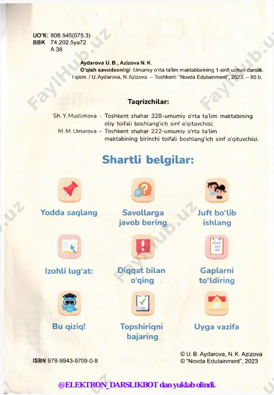 an himoyachilari kuni deb belgilangan? 3. ushbu kun o'lkamizda qanday nishonlanadi? 4. kimlarni vatan himoyachisi deb atash mumkin? 5. siz o‘zingizni vatan himoyachisi deb bilasizmi? • matnni qismlarga ajrating. • har bir qismini alohida o'qing. ularga sarlavha toping. matnni o(qing. matn mazmuniga mos rasm chizing. topshiriqiarni bajaring. @elektron_darslikbot dan yuklab olindi. 5-dars yurt qalqonlari harbiy bo4ish uchun nima qilish kerak deb o‘ylaysiz? p 0 ‘qing. biz askarmiz bizlar yosh askar, vatanni asrash mard-u maydonmiz. oliy burchimiz. ona vatanga birdamlikdadir ko‘ksi qalqonmiz. qudrat, kuchimiz. qozi ismoil & savollarga javob bering. or h jl 1. she’r kimning nomidan aytilgan? ayting-chi, askar qanday xislatlarga ega bomishi kerak? 3. she’rdagi ushbu satrlar nimani anglatishi haqida o 'y lab ko'ring: vatanni asrash oliy burchimiz. birdamlikdadir qudrat, kuchimiz. \ izohli lug‘at: burch - bajarilishi majburiy bo‘lgan vazifa qalqon - himoyachi, qo‘riqchi @elektron_darslikbot dan yuklab olindi. yurt qalqonlari 5-dars □ quyidagi so‘zlarni ma’nodosh so'zi bilan bogmang. ^ …
