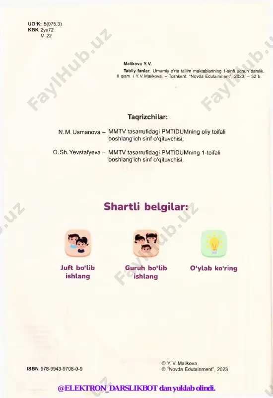 a yetkazib beriladi. men nonushtada tandirdan endigina uzilgan issiq non yeyishni yaxshi ko'raman. hammasidan ham menga sariyog' va murabbo surtilgan shirin kulcha yoqadi. siz nonning dasturxonimizga qanday qilib kelishini bilasizmi? @elektron_darslikbot dan yuklab olindi. 17-mavzu non dasturxonimizga qanday qilib keladi? s to ldag i un m ahsu lo tla ri qanday u nom lanadi? foydalanish uchun so ‘zlar: buxanka, somsa, yupqa quymoq, obi non, baton, pirog, pechenye, teshikkulcha, shirin kulcha, tort. non qaysi dondan tayyorlanad i? jo‘xori marjumak javdar zog'ora non qora non javdar non bug(doy bug'doy non @elektron_darslikbot dan yuklab olindi. uyda nimalar bor? 18-mavzu u yd a nim alar b o r ? bizning uydagi yordamchilarimiz bular - dazmol, muzlatkich va changyutkich. sizga uy ishlarida nimalar yordam beradi? rasmdagi ju f t buyumlarni solishtiring. ulardan qaysi b iri zamonaviy, qaysi b iri qadimiy? kir yuvish vositalari tozalash vositalari dazmollash vositalari ko‘ngilochar vositalar @elektron_darslikbot dan yuklab olindi. 18-mavzu uyda …