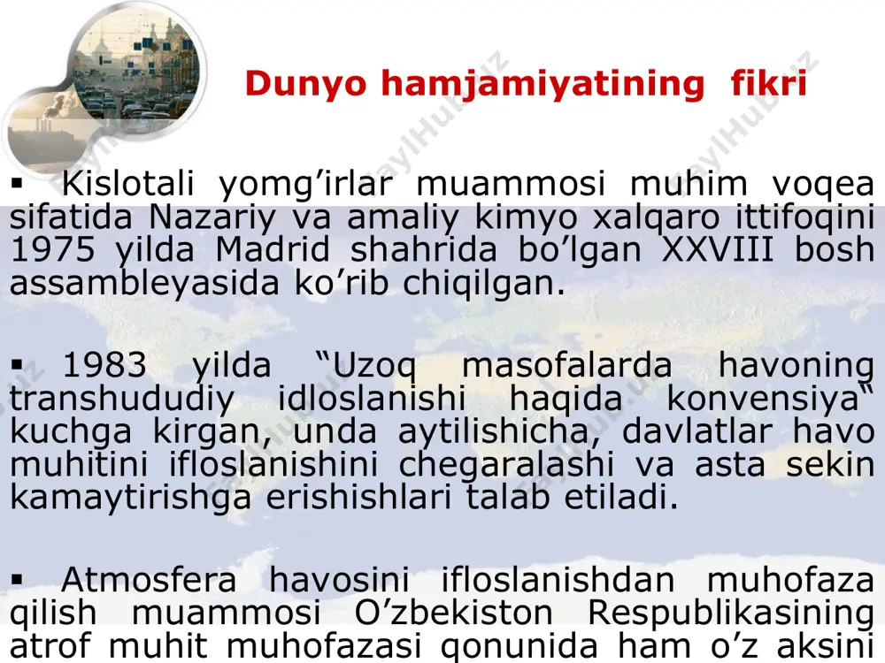 og’inlar marmar tosh va ohak toshli qurulmalarni yemiradi. kislotali yomg’irlarni tarixiy yodgorliklarga ta’siri samarqand, buxoro, xiva yodgorliklari; toj-mahal ham bundan mustasno emas. suv havzalarinng kislotaliligini oshishi o’zining evolyusiyasi davomida tirik organizmlar yashash muhitiga ko’nikib kelgan. lekin ular ph ning ma’lum oralig’ida me’yorda mavjud bo’la olishi mumkin. ph ning o’zgarishi suv ekotizimida biokimyoviy qayta qurishlarni keltirib chiqaradi.  rn - 6,5-6,0 gacha tushganda ko’pgina molyuskalar, qisqichbaqasi- monlar nobud bo’ladi. rn - 6,0-5,0 ga shoh balig’i, xarius, lasos, shuka kabi. baliqlar nobud bo’ladi. baliqlar nafa- qat to’g’ridan – to’g’ri kislotali sharoit ta’sirida o’ladi, balki tog’ jinslaridan va qattiq yotqiziqlardan yuvib chiqarilgan harakatchan alyumeniy ularning salbiy jabrasiga ta’sir qiladi. iz-za narusheniya kaltsievogo ravnovesiya riba teryaet sposobnost k vosproizvodstvu. pri rn menee 5,5 mxi i nitchatie vodorosli vitesnyayut osnovnuyu rastitelnost vodoema, inogda v vodu daje pereselyaetsya sfagnoviy mox - obitatel sushi. pri rn nije 4,5 v vode ozer vimirayut mikroorganizmi, razvivayutsya anaerobnie (beskislorodnie) protsessi …