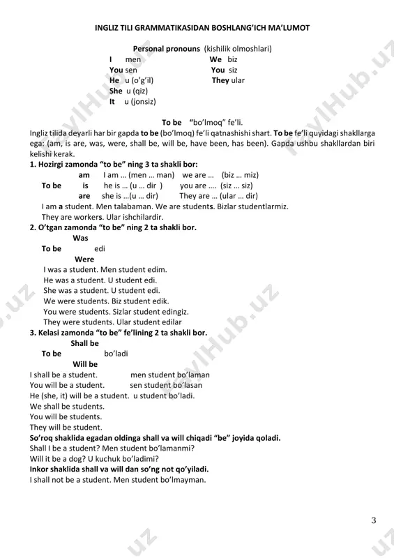 students in the class. sinfda studentlar bor. there are many hotels in samarkand. samarqandda ko’p mexmonxonalar bor. to have > 1. to have fe’li kishilik olmoshlari, kishi ismlari va atoqli otlar bilan ishlatiladi: i have a car. menda mashina bor. you have a friend. sening do’sting bor 2. uchinchi shaxs birlikda (he, she, it) olmoshlari bilan ishlatiladi. he has a car we she has a car you have cars it has a car they 3. odam ismlari uchun ham “has” ishlatiladi: dilshod has a cat. dilshodda mushuk bor. 4. to have fe’li gapda bor manosida kelganda o’sha gapning so’roq shakli 3 xil bo’ladi. have i a car? menda mashina bormi? have i got a car? menda mashina bormi? 5 do i have a car? menda mashina bormi? (he, she, va it) ga has ishlatiladi. has he a car? unda mashina bormi? has he got a car? unda mashina bormi? does …
