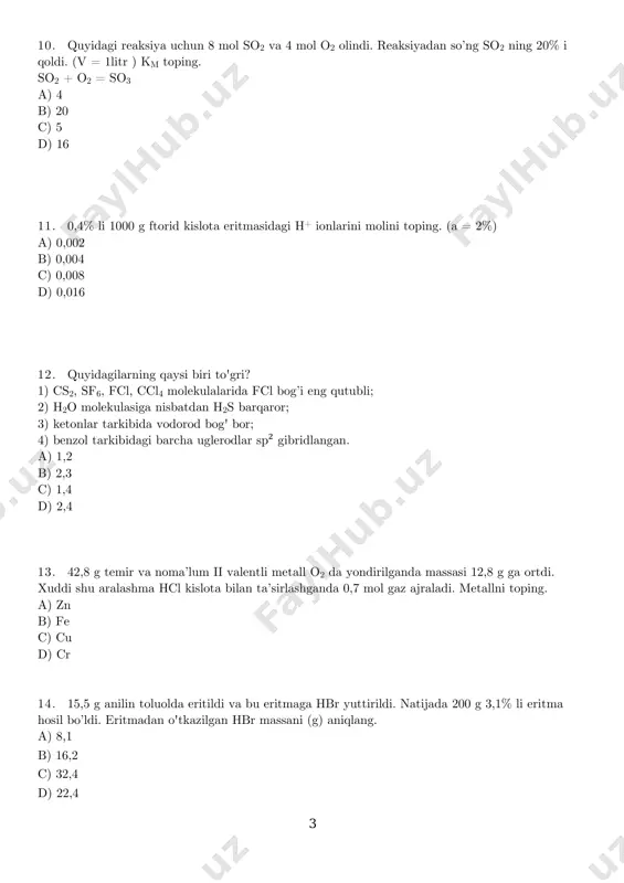25% li nacl eritmasi hosil bo’ldi. osh tuzi tarkibidagi qoʻshimchaning massasini (g) a) 15 b) 24 c) 20 d) 18 22. ham birikish ham oksidlanish-qaytarilish boʻlgan reaksiyani toping. a) bao + h2o = ba(oh)2 b) feso4 + zn = fe + znso4 c) c + o2 = co2 d) caco3 = cao2 + co2 23. 125 g 20% li na2so4 va kno3 eritmalari mavjud. har biriga tegishli tuzdan 5 g dan qo'shilsa, quyidagilardan qaysi ma’lumot to’g’ri. eruvchanlik na2so4 = 30; eruvchanligi kno3 = 38 1) 1-idishda to'yingan eritma hosil bo'ladi; 2)2-idishda to’yingmagan eritma hosil bo'ladi; 3)2-idishda o‘ta to‘yingan eritma hosil bo'ladi; 4) 1-idishda to’yinmagan eritma hosil bo’ladi a)1, 2 b) 2,3 c) 2, 4 d)1, 4 6 24. x moddaga sulfat kislota qoʻshilganda yorug’lik va issiqlik taʼsirida tez parchalanadigan oʻtkir hidli suyuqlik hosil bo’ldi. bu modda parchalanganda rangsiz, hidsiz a gaz, oddiy modda, qo’ngʻir rangli zaharli b gaz va suv …