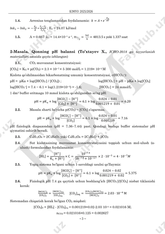 5.7 × 10−5 δrh = 36.45 kj·mol-1 20 °c da kg uchun: kg 20 = kg 37 × e − δbug′h r × t1−t2 t1t2 = 3.6 ∙ 10−7 mol·dm−3·pa−1 ph = pkg 20 + log [hco3 − ] kg 20 × p(co2) = 7.56 3-masala. nobel izidan (to’xtaev x.) 3.1. a moddaning hosil bo’lishida nan3 ishtirok etyapti. bir natriy atomi chun a ning molekulyar massasi: m= 23/0.0845 = 272.19. a moddadagi uglerod, vodorod, kislorod va natriy elementlarining massasi ayrilganda: 272-23-12*4-1-16*2 = 168, bu 12 ta azot atomiga to’g’ri keladi. a va b ning umumiy formulalari: c4hn12o2na va c4hn12o2k. reaksiya tenglamalari: c4hn12o2k = koh + co+ 6n2 + 3c (0.5 k2o +0.5 h2o+ co+ 6n2 + 3c yoki hcook + 6n2 + 3c) c4hn12o2k + 3.5 o2 = koh + 4co2+ 6n2 3.2. a ning gidrolizi mahsuloti va yuqorida topilgan umumiy formula orqali quyidagi strukturalarni taklif qilish mumkin (a’ hamda …
