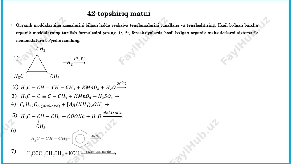 nda metall oksidi cho‘kmaga tushdi (eritmada nano3 hosil bo‘ldi) va bu eritma (idish tubidagi cho‘kma bilan birga) 6-raqamli bo‘sh probirkaga solindi. 3- va 5-raqamli probirkalardagi eritmalar aralashtirilganda ajralgan gaz 6-probirkaga yuttirilganda cho‘kma erib ketdi. 4- va 5-raqamli probirkalardagi eritmalar aralashtirilganda oq pag‘asimon, 2- va 4-raqamli eritmalar aralashtirilganda esa sarg‘ish cho‘kma olindi. 2- va 3-raqamli eritmalar aralashtirilganda “ohak suti” hosil bo‘ldi. • 1) berilgan barcha reaksiyalarning (shu jumladan 1-raqamli probirkadagi eritmaning bariy xlorid bilan reaksiyasini ham) molekulyar tenglamalarini yozing. 6-probirkadagi oksidning gaz ta’sirida erish reaksiya tenglamasi bundan mustasno. • 2) 1-, 2-, 3-, 4-, 5-raqamli probirkalardagi noma’lum moddalarning kimyoviy formulasini probirka raqami bilan moslab yozing. • 3) 2- va 3-; 2- va 4-; 3- va 4-; 3- va 5-; 4- va 5-raqamli probirkalardagi moddalar orasidagi reaksiyalarning to‘la ionli va qisqa ionli tenglamalarini yozing. • 4) 6-probirkadagi cho‘kma gaz orqali eritilganda olingan eritma qaysi sinf vakillarining barchasi uchun sifat reaksiyasini beradi? shu …