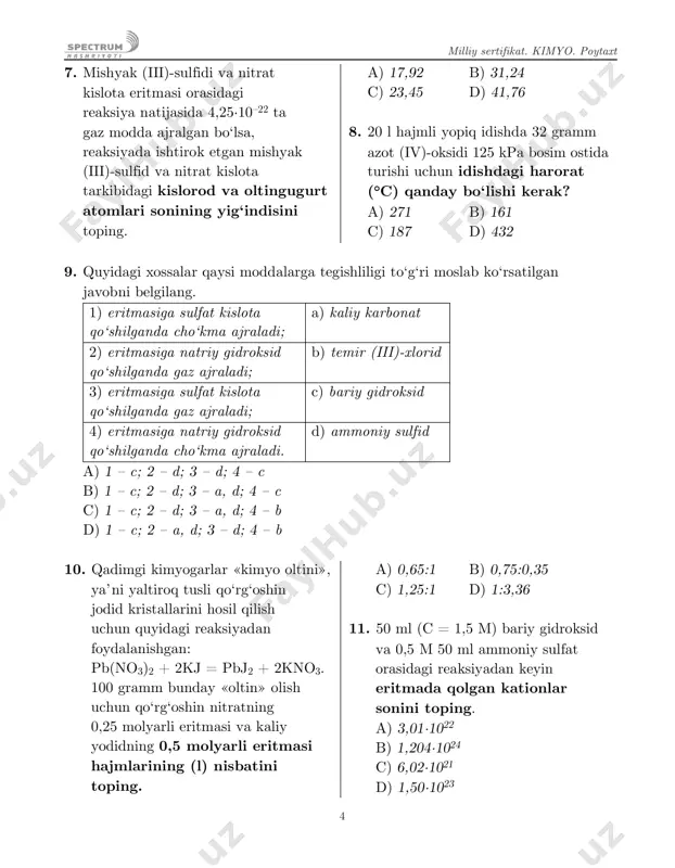 ,67 marta ko‘p 14. berilgan tasvirda aralashmalarni ajratishning qaysi turi tasvirlanganini belgilang. a) distillash b) filtrlash c) dekontatsiya d) magnitlash 15. temir (ii)-xloridning 28 ml 0,1 m ( = 1,3 g/ml) eritmasi va 7,15 ml 10 % li ( = 1,15 g/ml) qizil qon tuzi eritmasi orasida boradigan reaksiya natijasida turnbul ko‘ki hosil bo‘ldi. eritmadagi xlor ionlarining miqdorini (mol) toping. a) 2,3·10–2 b) 1,2·10–3 c) 4,6·10–2 d) 0,98·10–3 16. quyidagi oksidlanish-qaytarilish reaksiyasi natijasida 1,4 mol vodorod sulfiddan hosil bo‘lgan oltingugurt atomlari soni (x) va sulfat ionlari soni (y) orasidagi bog‘liqlikni ko‘rsating: milliy sertifikat. kimyo. poytaxt 6 h2s + kmno4 + h2so4 = s + mnso4 + k2so4 + h2o a = x + y; b = x:y; c = y – x; a) a → 2,24; b → 1,67; c → –0,56 b) a → 1,74; b → 1,81; c → –0,50 c) a → 1,74; b → 0,55; c …