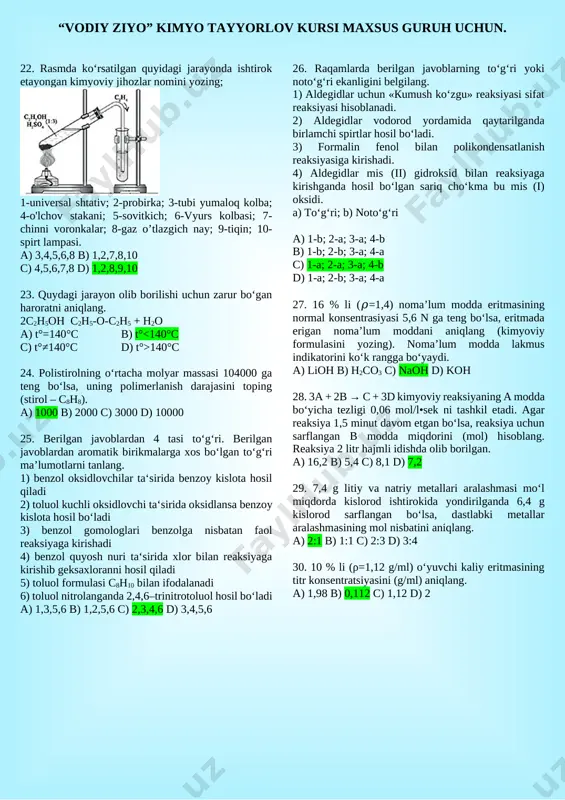 da al2o3, k2o va temir aralashmasidan foydalaniladi. 2) ammoniy ionida azot 3 valentli bo‘ladi. 3) ammiak katalizatorsiz yonganda hosil bo‘lgan gazning (n. sh.) molyar massasi bilan pt katalizatori ishtirokida yonishida hosil bo‘lgan gazning (n. sh.) molyar massasi orasidagi farq 2 ga teng. 4) ammiak sovutgich apparatlar ishlab chiqarishda ishlatiladi. a) to‘g‘ri; b) noto‘g‘ri a) 1-b; 2-a; 3-a; 4-b b) 1-b; 2-b; 3-a; 4-a c) 1-a; 2-a; 3-b; 4-b d) 1-a; 2-b; 3-a; 4-a 13. quyidagi reaksiya tenglamasida 𝑛=3 bo‘lsa, qaytaruvchi yo‘qotgan elektronlar sonini aniqlang. 𝐶𝑛𝐻2𝑛+2 + 𝑂2 → 𝐶𝑂2 + 𝐻2𝑂 a) 20 b) 18 c) 4 d) 24 14. etilen qatori uglevodorodi 16 g brom bilan birikib, 24,4 g bromli birikma hosil qilsa, dastlabki uglevodorodni aniqlang. a) penten b) propen c) buten d) geksen 15. 2,4 g bir atomli a spirtning oksidlanishidan tarkibida shunday miqdordagi uglerod tutgan b kislota hosil bo‘ldi. b kislotaga mo‘l miqdorda metanol (n2so4 ishtirokida) ta’sir …
