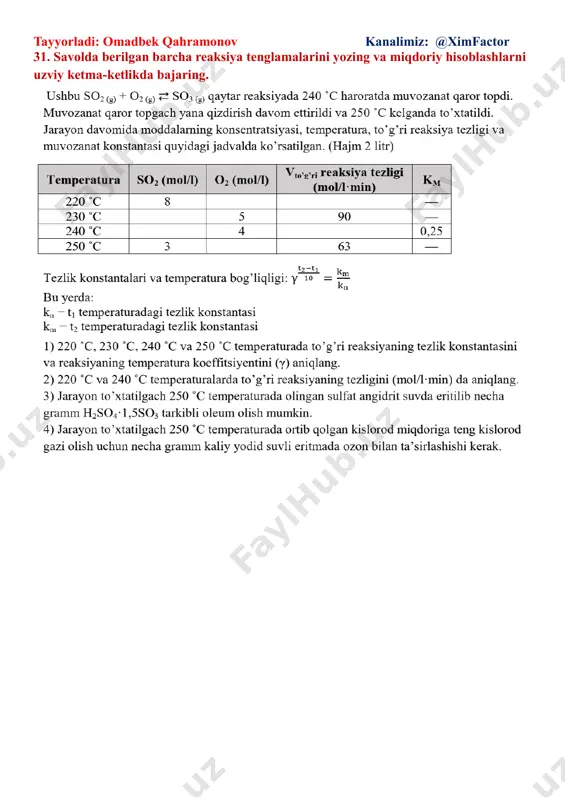 8 c) 0,48 d) 0,048 18. 2co (g) + o2 (g) ⇄ 2co2 (g) harorat 30˚ c ga pasaydi. (γ=3). qanday jarayon qo’llanganda tezlik avvalgi holatdagidek bo’lib qoladi. a) hajm 3 marta oshirilsa b) bosim 3 marta oshirilsa c) bosim 3 marta kamaytirilsa d) co ning konsentratsiyasi 3 marta orttirilsa 19. quyidagi reaksiyalar uchun to’g’ri reaksiya tezligini topish formulasini moslashtiring. a) 1–a, 2–b, 3–c b) 1–b, 2–c, 3–d c) 1–b, 2–e, 3–a d) 1–a, 2–e, 3–d 20. so + h2o ⇄ co2 + h2 reaksiyaga binoan moddalarning muvozanat konsentratsiyalar mos ravishda 16; 5; 10; 8 mol/l ga teng. ushbu sistemaga 0,4 mol suv qo’shilgandan kegin yangi muvozanatli sistemaga mos javobni toping. (idish hajmi 0,4 litr) a) co = 6,24 mol b) h2o = 5,6 mol c) co2 = 9,6 mol/l d) n2 = 3,36 mol/l 21. x lirt idishda a+b=c+d 10 gradusdagi tezlik 0.6mol/l*min. haroat 50 gradusga ko'tarilganda 5 sekunda …
