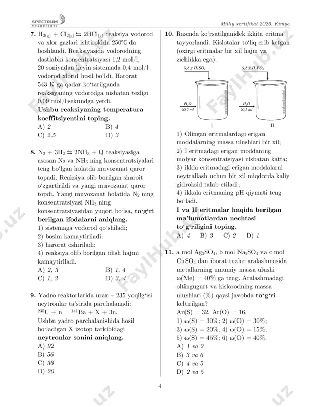 30%; 3) ω(s) = 20%; 4) ω(o) = 15%; 5) ω(s) = 45%; 6) ω(o) = 40%. a) 1 va 2 b) 3 va 6 c) 4 va 5 d) 2 va 5 5 suvonov bobirbek bekzodovich 12. xno3 + h2o elektroliz x + o2 + + hno3 ycl + h2o elektroliz h2 + cl2 + + yoh xno3 va ycl tuzlarining suvdagi eritmasi muhitini aniqlang. xno3 ycl a) neytral kislotali b) kislotali neytral c) neytral ishqoriy d) ishqoriy neytral 13. temir ikki qismga ajratildi va birinchi qismi qaynoq konsentratsiyalangan, ikkinchi qismi suyultirilgan sulfat kislotada eritildi. ajralgan gazlar aralashmasining metanga nisbatan zichligi 0,9 ga teng. temirning qancha qismi temir (ii) sulfat hosil qilganligini aniqlang. a) 5/7 b) 3/4 c) 6/7 d) 1/7 14. quyidagi reaksiyalarni amalga oshirishga imkon beruvchi moddalar ketma-ketligini toping.     31 2 4 4 xx x x 2 22 x 2 cu oh cucl …