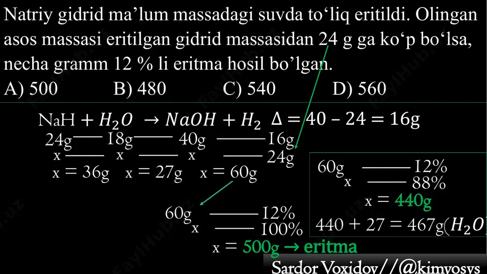 mdagi kalsiy xlorid eritmasi qo‘shildi. hosil bo‘lgan eritmada kumush va nitrat ionlari 1:5 mol nisbatda bo‘lsa, dastlabki eritmalarning molar konsentratsiyalari qanday nisbatda (berilgan tartibda) bo‘lgan? a) 1:5 b) 5:1 c) 5:6 d) 5:3 𝐴𝑔𝑁𝑂3 𝐶𝑎𝐶𝑙2 𝐶𝑎(𝑁𝑂3)2 2 litr 3 litr − y 2x + y = 5(no3) y = 1 (ag) y = 1 x = 2 2mol_____4mol____2mol_____4m 4+1m_____ 1 litr =5m = 2mol________ 2 litr =1m 5m: 1m → 5:1 naoh _______ sardor voxidov//@kimyosvssardor voxidov//@kimyosvs 14. 40 g 30 % li natriy gidroksid eritmasida qanday massadagi (g) fosfat angidrid eritilganda ekvimolar nisbatdagi nordon tuzlar aralashmasi hosil bo‘ladi? a) 56,8 b) 14,2 c) 28,4 d) 42,6 40g ∙ 0,3= 12g_____ 40g = 0,3mol naoh + 𝑃2𝑂5 → 𝑁𝑎𝐻2𝑃𝑂4 + 𝑁𝑎2𝐻𝑃𝑂43 3mol ____ 142g 0,3mol ____ x = 14,2g naoh _______ sardor voxidov//@kimyosvssardor voxidov//@kimyosvs 200 g 28 % li natriy gidroksid eritmasida qanday massadagi (g) fosfat angidrid eritilganda 1:3 mol ( …