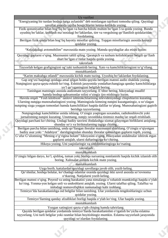 ib, yozib keling. 23 topshiriqlar ustida ishlash. -lar qoʻshimchasining xususiyatlari. qo‘shnilar, boshqa bolalar, ko‘chadagi odamlar orasida quyidagi ikki savol asosida so‘rovnoma o‘tkazing. natijalarni yozib keling. 24 temiryoʻllar. tasviriy matn. transport. yoʻl harakati berilgan matnni o‘qing. poyezd va uning harakatini yana nimalarga o‘xshatish mumkinligi haqida o‘ylab ko‘ring. yonma-yon kelgan unli va undoshlarni aniqlab, yozing. ularni talaffuz qiling. talaffuz va imlodagi nomuvofiqlikni namunadagi kabi izohlang. 25 berilgan izohlar, belgilar va atamalar temiryo‘lda harakatlanishga oid belgilar bilan tanishing. ular yordamida tengdoshlaringiz uchun qoidalar yozing. 26 matn oʻqish (“meni kichik olim deyishadi”). topshiriqlar ustida ishlash temiryo‘llarning qanday afzalliklari borligi haqida o‘ylab ko‘ring. ular haqida yozing. 27 matn oʻqish (“meni kichik olim deyishadi”). topshiriqlar ustida ishlash mustahkamlash 28 3-chsb (40 ball) yozgan xatingizni qayta o‘qib chiqing hamda tahrirlang. 29 mustahkamlash quyida berilgan qoidalar yordamida temiryo‘llarda harakatlanishni o‘rgatish bo‘yicha eslatma tayyorlang. uni turli belgilar yoki rasmlar bilan boyitishingiz mumkin. eslatma tayyorlash jarayonida quyidagi so‘zlardan foydalaning. 30 …
