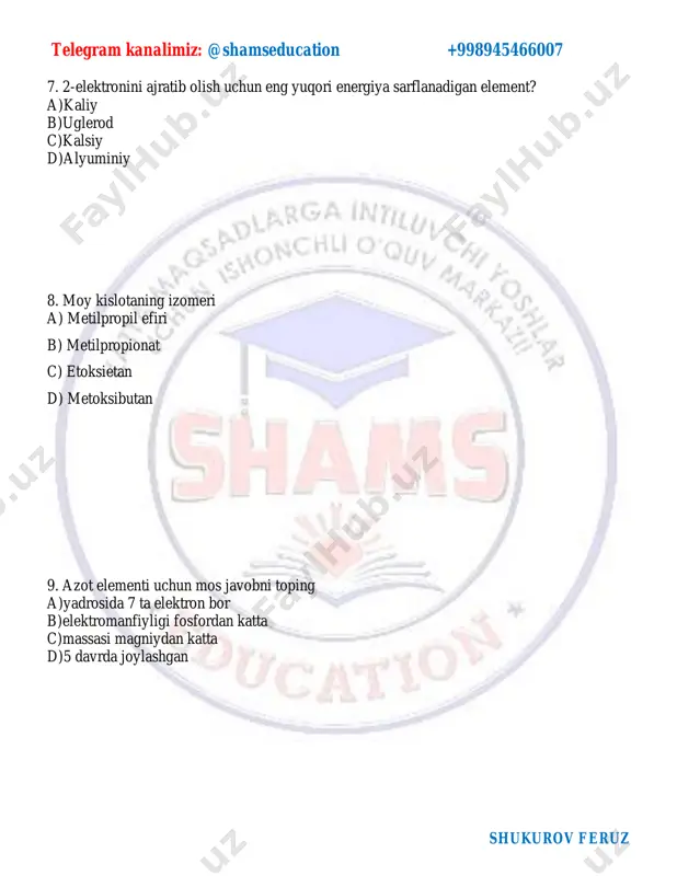 entratsiyasi tenglashgan bo’lsa, km ni toping a. 1 b. 2 c. 4 d. 0.5 telegram kanalimiz: @shamseducation +998945466007 shukurov feruz 23. quyidagi berilganlardan 1 lamchi uglerod atomlaridan 2 barobar kam 2 lamchi uglerod atomlari bor moddalarni belgilang a) 2,3-dimetil geksan b) 2,2-dimetil geksan c) 3,3-dimetil geksan d) 2,3,4-dimetil geksan 24. feranixrom nima maqsadda ishlatiladi? a) elektr bilan isitiladigan asboblar tayyorlash b) c) d) 25. efirning 8,8 g namunasi gidrolizlanganda 4,6 g spirt hosil bo‘ldi. spirt qaysi bo‘lishi mumkin? a) metanol b) etanol c) propanol d) butanol telegram kanalimiz: @shamseducation +998945466007 shukurov feruz 26. diagramma berilgan. shu diagrammaga ko’ra 150c va 0,8 atm.dagi x moddani bosimini o’zgartirmasdan haroratni oshirsak, qanday jarayon yuz beradi. a) kondensatlanish b) bug’lanish c) sublimatlanish d) kristallanish 27. n2+3f2=2nf3 reaksiya asosida grafikda berilgan ma'lumotlar asosida f2 bóyicha reaksiya unumini hisoblang a) 50 b) 60 c) 70 d) 80 telegram kanalimiz: @shamseducation +998945466007 shukurov feruz 28. moddalarni qaysi …