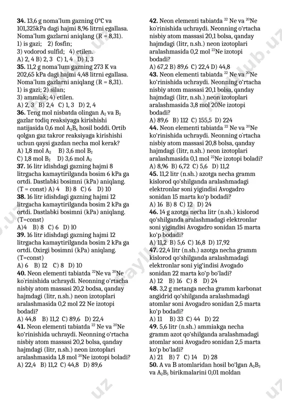 sini (g/mol) aniqlang. a) 74 v) 142 c) 100 d) 37 22. 0,75 mol moddaning og‘irligi 300 g ga teng bo‘lsa, ushbu moddaning molar massasini (g/mol) aniqlang. a) 225 b) 100 c) 400 d)500 23. 0,8 mol moddaning og`irligi 128 g ga teng bo‘lsa, ushbu moddaning molar massasini (g/mol) aniqlang. a) 100 b) 74 c) 160 d) 80 24. 0,2 mol moddaning og‘irligi 22,2 g ga teng bo‘lsa, ushbu moddaning molar massasini (g/mol) aniqlang. a) 37 b) 74 c) 111 d) 100 25. 0,5 mol moddaning ogcirligi 55,5 g ga teng bo‘lsa, ushbu moddaning molar massasini (g/mol) aniqlang. a) 74 b) 111 c) 100 d) 37 26. 1,5 mol natriy sulfidning massasini (g) aniqlang. a) 250 b) 234 c)117 d) 100 27. 85 g vodorod sulfidning modda miqdorini (mol) aniqlang. a) 2 b )4 c) 3 d) 2,5 28. qaysi oksid bariy gidroksidning suvli eritmasi bilan ta’sirlashib baxo4tarkibli birikma hosil …