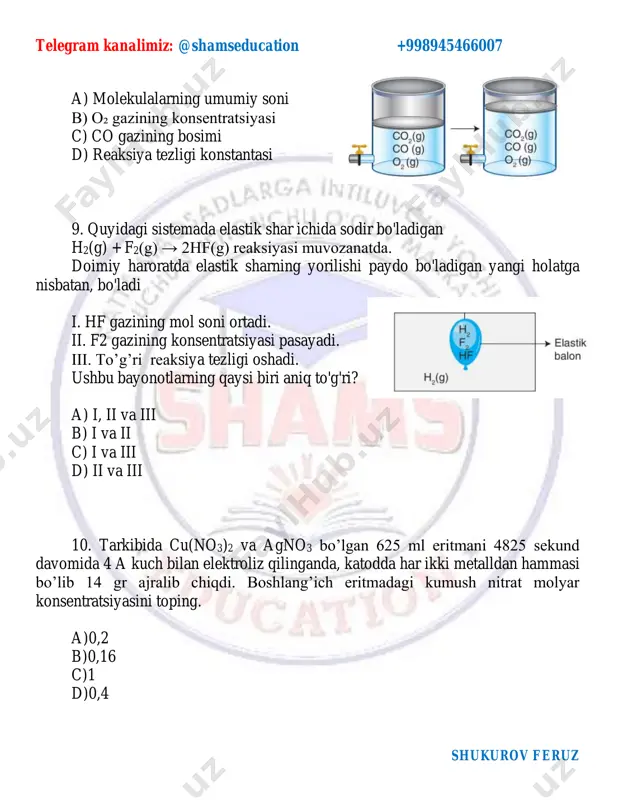 aralashtiriladi. shunga ko'ra, hosil bo'lgan aralashma haqidagi quyidagi gaplarning qaysi biri noto'g'ri? a) 100 gramm eritma hosil bo'ladi. b) agar harorat 20 °c ga ko'tarilsa, pastki qismdagi qattiq moddalar miqdori kamayadi. c) agar harorat 10 °c ga tushirilsa, 3 g qattiq x cho'kma hosil qiladi. d) aralashmaga 100 g suv qo`shilsa, eritmaning massasi 195 gramm bo`ladi. 16. qattiq x ning toza suvda 30 °c da eruvchanligi 25 g /100 g suv. shunga ko'ra, 30 °c da 10% li 500 gramm x eritmasidan to'yintirish uchun necha gramm suv bug'lanishi kerak? telegram kanalimiz: @shamseducation +998945466007 shukurov feruz a) 100 b) 150 c) 200 d) 250 17. 50 ml 1 m na₂co₃ eritmasi va 200 ml 1 m nano₃ eritmasidan ikkalasi bir xil haroratda aralashtirilsa, hosil bo’lgan eritmadagi na+ ionlarining molyar kontsentratsiyasi qanday bo’ladi? a) 1,1 b) 1,2 c) 1,5 d) 1,6 18. 500 ml 0,8 m hcl eritmasidan 25 ml olinadi va …