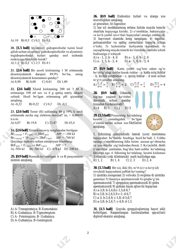 ng to‘g‘ri (t) yoki noto‘g‘riligini (n) belgilang: i. reaksiya oxirigacha borib bo‘lgan bo‘ladi. ii. mahsulotlar miqdori reagentlar miqdoriga teng bo‘ladi. a) i – t, ii – t b) i – t, ii – n c) i – n, ii – t d) i – n, ii – n 17. [1.5 ball] __sn2+ (suvli) + __no3 − (suvli) + __h+ (suvli) → → __sn4+ (suvli) +__no(gaz) + __h2o(suyuq) yuqoridagi reaksiya tenglamasi eng kichik butun koeffitsientlar bilan tenglashtirilganda, h+ (suvli) ning koeffitsienti necha bo‘ladi? a) 2 b) 4 c) 6 d) 8 18. [1.5 ball] 34 ℃ haroratdagi 0,05 g gaz namunasi 100 ml hajmli probirkada 600 mm hg ust. bosim beradi. bu qanday gaz? a) xlor b) metan c) kislorod d) vodorod 19. [1.5 ball] quyidagi sxemada a + b = 2ab qaytar reaksiyasining muvozanat holati tasvirlangan. muvozanat konstantasini hisoblang. 2 a) 10 b) 0,5 c) 0,3 d) 0,1 20. [1.5 …