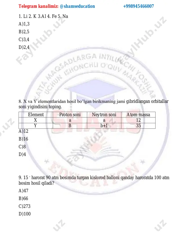 a, reaksiyaga kirishgan xcl3 tuzi massasini aniqlang. a)32,5 b)16,25 c)65 d)48,75 telegram kanalimiz: @shamseducation +998945466007 19. uglerod izotoplarini xossalari asosida moslashtiring. uglerod modifikatsiyasi oddiy modda xossasi olmos harorat va elektr o’tkazadi har bir c atomi 4 ta c atomi bilan bog’langan grafit har bir c atomi sp3 gibridlanish holatida qalam ishlab chiqarishda ishlatiladi d) 20. moddalardan nechtasi ham kislota bilan ham spirt bilan murakkab efir hosil qiladi? a)5 b)4 c)3 d)2 21. x moddaning yonish reaksiyasi ifodalangan grafikka asoslanib x ning 1moli tarkibida nechta atom borligini toping. telegram kanalimiz: @shamseducation +998945466007 a) 9 b)8 c) 12 d) 10 22. 0,2 mol organik modda yonishidan 26,4 g co2 va 0,6 mol h2o hosil bo’lsa va uning massasi 58 g/ mol ekanligiga asoslanib modda formulasini toping. a) c4h10 b)c3h7 15n c)c2h5sh d) c3h6o 23. quyidagi moddalarni qaysi(lar)i tarkibida sp, sp2, sp3 gibridlangan c atomlari mavjud. a)iii b)i c)ii d)i va iii telegram …