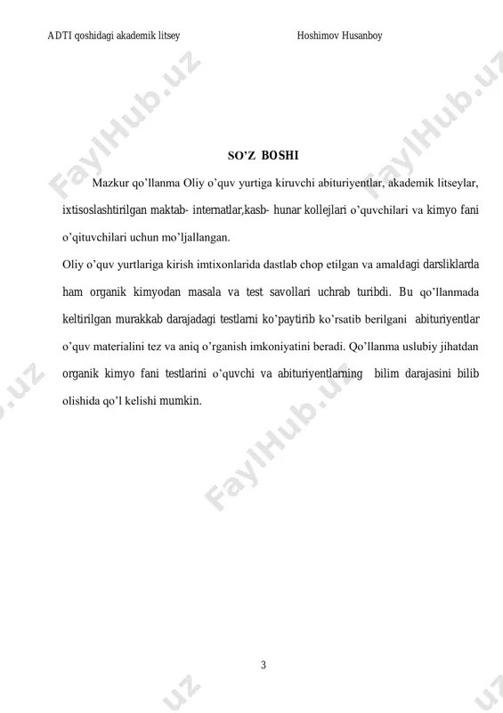 2br)-c(ch3)2-ch2-ch3 e) ch3-ch(br)-cbr2-ch(ch3)-ch(ch3)-ch3 adti qoshidagi akademik litsey hoshimov husanboy 6 2. alkanlarning izomeriyasi. 1. izomerlar tushunchasini qaysi ibora to’g’ri ifodalaydi? a) ayni gomologik qatorni tashkil etuvchi moddalar b) sifat tarkibi bir xil bo’lgan moddalar c) miqdor tarkibi bir xil bo’lgan moddalar d) tarkibi hamda molekula massasi bir xil bo’lib, tuzilishi farq qiladigan moddalar e) bir-biridan gomologik qatorlar farqi bilan ajralib turadigan moddalar 2. tarkibi c4h9 bo’lgan alkilning radikallari soni nechta? a) 6 b) 5 c) 4 d) 7 e) 8 3. 2-metilpropanning nechta dixlorli hosilalari bo’lishi mumkin? a) 2 b) 1 c) 3 d) 4 e) 5 4. 2,2-dimetilpropanning nechta monoxlorli hosilasi bo’ladi? a) 1 b) 2 c) 3 d) 4 e) 5 5. n-pentanning nechta monogaloidli hosilalari bo’lishi mumkin? a) 1 b) 2 c) 3 d) 4 e) 5 6. geksan nechta izomerga ega bo’ladi? a) 1 b) 2 c) 3 d) 4 e) 5 7. qaysi birikmalar alkanlarning …