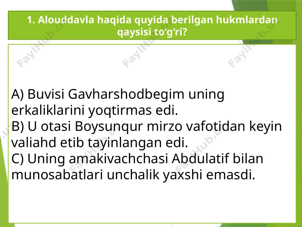 9–11. alisher navoiyning quyidagi she’rlarini o‘qing. ularning janri va asosiy mavzusini (g‘oyasini) aniqlang. 11. chu dushman o‘ldi qadimiy, ziyonidin hazar et, agarchi nutqi ravonbaxshi jong‘a rohat erur. suv birla o‘t aro ziddiyat o‘ldi chun azaliy, agar hayot suyidurki, o‘tg‘a ofat erur. janri: a) g‘azal b) qit’a c) fard asosiy mavzusi (g‘oyasi) ___________________________________________ 12. chistonni o‘qing. javobini toping. chiston ikki obyekt o‘rtasidagi qaysi o‘xshashlikka asoslanganini aniqlang ul nadurkim, bir kelin o‘zi cho‘tir, yetti qat parda ichida misli hur. uvaysiy javob: ____________________________ o‘xshashlik:_________________________________________________________ 10–12 taga: juda yaxshi! 7–9 taga: yaxshi, lekin sal ko‘proq ishlashim kerak! 7 tadan kam: yaxshi emas, ancha ishlashim kerak! o‘zingizga baho bering. nechta savolga javob bera oldingiz? e`tiboringiz uchun rahmat! foydalangan adabiyot adabiyot 7 [matn]: 7-sinf uchun darslik / z. i. mirzayeva, k. q. djalilov. – toshkent: respub -lika ta’lim markazi, 2022. – 224 b. ushbu taqdimot slaydi mahsulotidir. diqqat! ushbu mahsulotni tijoriy maqsadda ko‘paytirish javobgarlikka sabab bo‘ladi! …