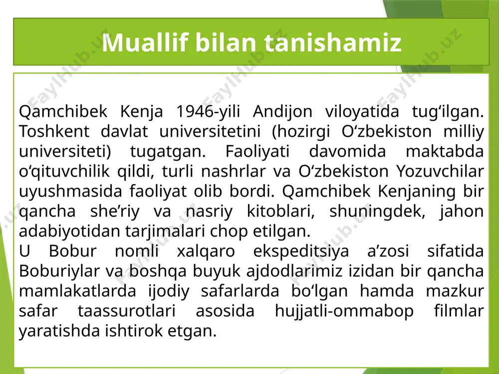 aka – komilning otasi, “baliqxo‘r kishi”) birini tanlang. tanlagan obrazingiz va unga munosabatingiz asosida “eydos konspekt” yarating. * “eydos konspekt” – rasm yoki chizma va uning izohidan iborat konspekt. qamchibek kenjaning «lafz» hikoyasini o‘qib chiqishingizni tavsiya qilamiz. mustaqil o‘qish uchun diqqat! audio kitob! e`tiboringiz uchun rahmat foydalangan adabiyot adabiyot 7 [matn]: 7-sinf uchun darslik / z. i. mirzayeva, k. q. djalilov. – toshkent: respub -lika ta’lim markazi, 2022. – 224 b. ushbu taqdimot slaydi mahsulotidir. diqqat! ushbu mahsulotni tijoriy maqsadda ko‘paytirish javobgarlikka sabab bo‘ladi! image22.jpg image23.png image7.png image10.png image24.png image25.png image26.png image27.png image28.png image29.jpg image8.png image12.png image13.png image21.jpeg image4.png