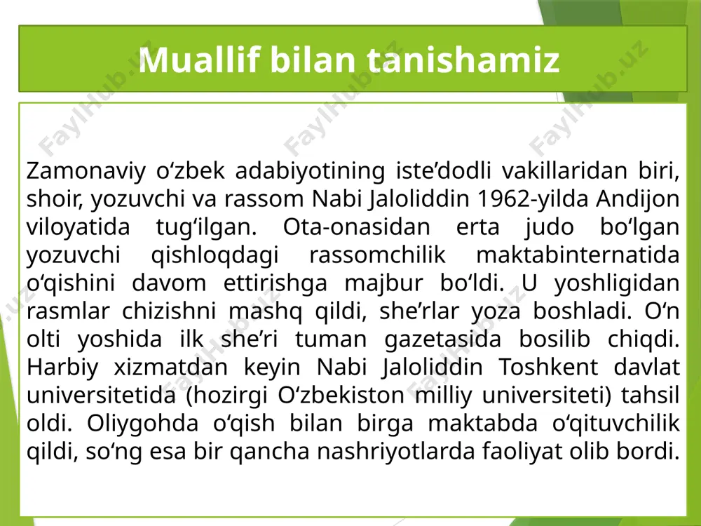 ik, chol va bola, o‘lim va hayot kabi qarama-qarshi tushunchalarning asar g‘oyasini ochish dagi ahamiyatini matn asosida dalillang. guruhlarda ishlaymiz “ota” hikoyasi qahramonlari nutqiga e’tibor bering. muallif qahramonlar nutqini adabiy tilda emas, shevada berish orqali qanday maqsadni ko‘zlagan? siz yashaydigan hudud shevasini asar qahramonlari shevasi bilan solishtiring. jadvalni daftaringizda to‘ldiring. shevangizdagi qaysi so‘zlar adabiy tilga kirishi kerak deb o‘ylaysiz? nima uchun? loyiha guruhlarda ishlang. oilangiz yoki mahallangizdagi yoshi ulug‘ bobolarning biridan intervyu oling. intervyu asosida quyidagi jadvalni to‘ldiring. uyingizdagi yoshi ulug‘ insonlar bilan suhbat asosida to‘ldiring. nabi jaloliddinning “bayroq” hikoyasini o‘qib chiqishingizni tavsiya qilamiz. mustaqil o‘qish uchun e`tiboringiz uchun rahmat!!! foydalangan adabiyot adabiyot 7 [matn]: 7-sinf uchun darslik / z. i. mirzayeva, k. q. djalilov. – toshkent: respub -lika ta’lim markazi, 2022. – 224 b. ushbu taqdimot slaydi mahsulotidir. diqqat! ushbu mahsulotni tijoriy maqsadda ko‘paytirish javobgarlikka sabab bo‘ladi! image23.jpg image7.png image10.png image24.png image25.png image26.png image27.png image28.jpg image12.png image13.png image21.png image4.png …