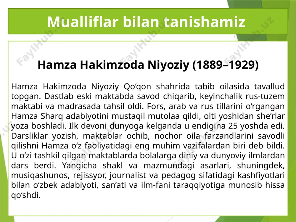 ha, qaysi she’r muallifi ruhiyatida tushkunlik, qaysisida ko‘tarinkilik kayfiyati ustunlik qilmoqda? bunday kayfiyatning sabablari nimada? ijodiy ish “vatan mening nigohimda” mavzusida esse yozing. quyidagi rejaga tayaning: – “vatan” deganda ko‘z o‘ngingizda birinchi bo‘lib kim yoki nima gavdalanadi? – bu obraz va vatan o‘rtasida qanday bog‘liqlik bor? – bu obraz bilan bog‘liq eng yorqin xotirangiz. “o‘rik gulladi”. rassom dilorom mamedova ishlagan surat (2017-yil) mustaqil mutolaa va tahlil uchun quyida berilgan she’rlar asosida hamza va sirojiddin sayyid she’riyatiga xos xususiyatlarni tahlil qiling. bunda quyidagilarga e’tibor bering: – she’rlarda ilgari surilgan g‘oyalar; – bu g‘oyalarni ochib berishda ishlatilgan kalit so‘zlar va obrazlar; – she’rlardagi badiiy tasvir vositalari. mustaqil o`qish uchun berilgan asarlarni o`qing va sinfdoshlaringiz bilan birga tahlil qiling. e`tiboringiz uchun rahmat! foydalangan adabiyot adabiyot 7 [matn]: 7-sinf uchun darslik / z. i. mirzayeva, k. q. djalilov. – toshkent: respub -lika ta’lim markazi, 2022. – 224 b. ushbu taqdimot slaydi mahsulotidir. diqqat! ushbu …