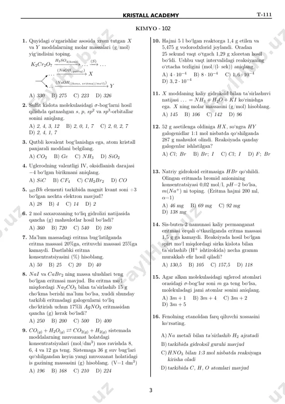 ,2 g mis ajralgan bo‘lsa, ikkinchi idish katodida necha gramm temir ajralgan? a) 11,2 b) 5,6 c) 22,4 d) 16,8 19. 240 g to‘yingan eritma 30◦c dan 50◦c gacha qizdirildi. ushbu jarayon uchun to‘g‘ri bo‘lgan javobni belgilang. s(30◦c)=20; s(50◦c)=60 a) to‘yingan eritmaga aylanadi va 60 g eruvchi ajraladi b) to‘yinmagan eritmaga aylanadi va 60 g eruvchi qo‘shilsa to‘yinadi c) to‘yingan eritmaga aylanadi va 80 g eruvchi ajraladi d) to‘yinmagan eritmaga aylanadi va 80 g eruvchi qo‘shilsa to‘yinadi 20. x2+ ioni tarkibidagi elektronlar soni y 3− ioni tarkibidagi elektronlar sonidan 2 taga ko‘p. bunga ko‘ra x3− ioni tarkibidagi elektronlari soni y atomi tarkibidagi elektronlari sonidan nechtaga ko‘p? a) 8 b) 3 c) 10 d) 5 21. qaysi javobda keltirilgan barcha modda (yoki ion)larda kovalent bog‘ mavjud? a) nai, so3 b) po3− 4 , csf c) mg, hno3 d) nh+ 4 , h2o 22. titri 100 mg/cm3 bo‘lgan temir (iii)-sulfat eritmasidagi temir …