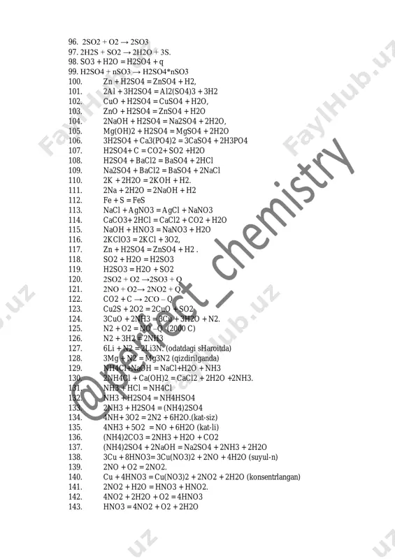 (nh4)2co3 = 2nh3 + h2o + co2 137. (nh4)2so4 + 2naoh = na2so4 + 2nh3 + 2h2o 138. 3cu + 8hno3= 3cu(no3)2 + 2no + 4h2o (suyul-n) 139. 2no + o2 = 2no2. 140. cu + 4hno3 = cu(no3)2 + 2no2 + 2h2o (konsentrlangan) 141. 2no2 + h2o = hno3 + hno2. 142. 4no2 + 2h2o + o2 = 4hno3 143. hno3 = 4no2 + o2 + 2h2o 144. cuo + 2hno3 = cu(no3)2 + h2o 145. fe(oh)3 + 3hno3 = fe(no3)3 + 3h2o, 146. na2co3 + 2hno3 = 2nano3 + h2o + co2. 147. cu + 4hno3 (kons.) = cu(no3)2 + 2no2 + 2h2o, 148. pb + 4hno3 (kons.) = pb(no3)2 + 2no2 + 2h2o, 149. 3cu + 8hno3 (suyul.) = 3cu(no3)2 + 2no + 4h2o 150. 4fe + 10hno3 (juda suyl.) = 4fe(no3)2 + nh4no3 + 3h2o. 151. au + hno3 + 3hcl = aucl3 + no + …